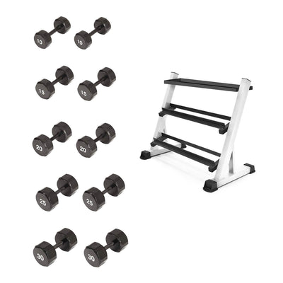 Marcy Deluxe 3 Tier Dumbell Weight Rack Storage Stand + Freeweight Dumbells