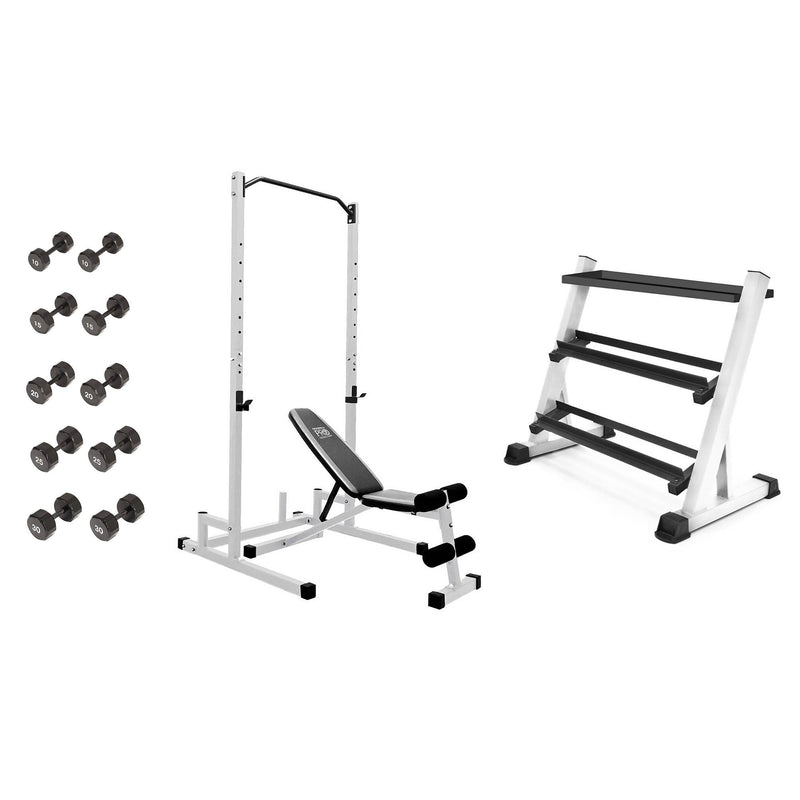 Marcy Deluxe 3 Tier Dumbell Rack Stand + Weight Bench + Freeweight Dumbells