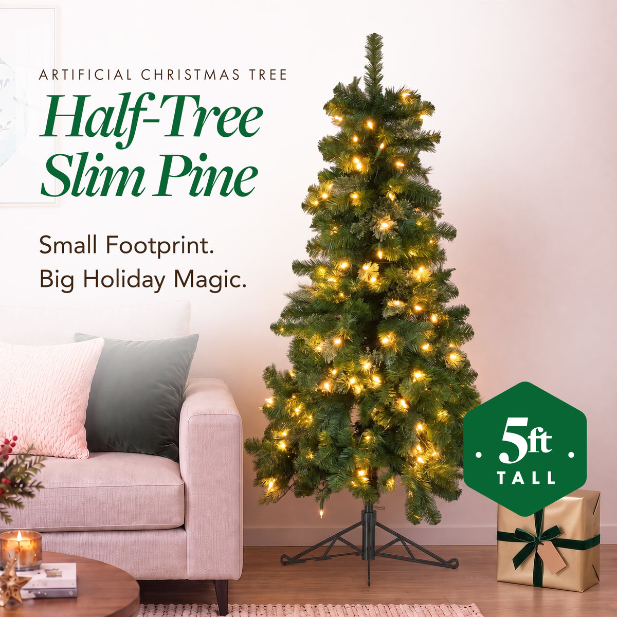 Home Heritage Half Pine 5' Pre-Lit Artificial Christmas Tree, 100 Warm White LED