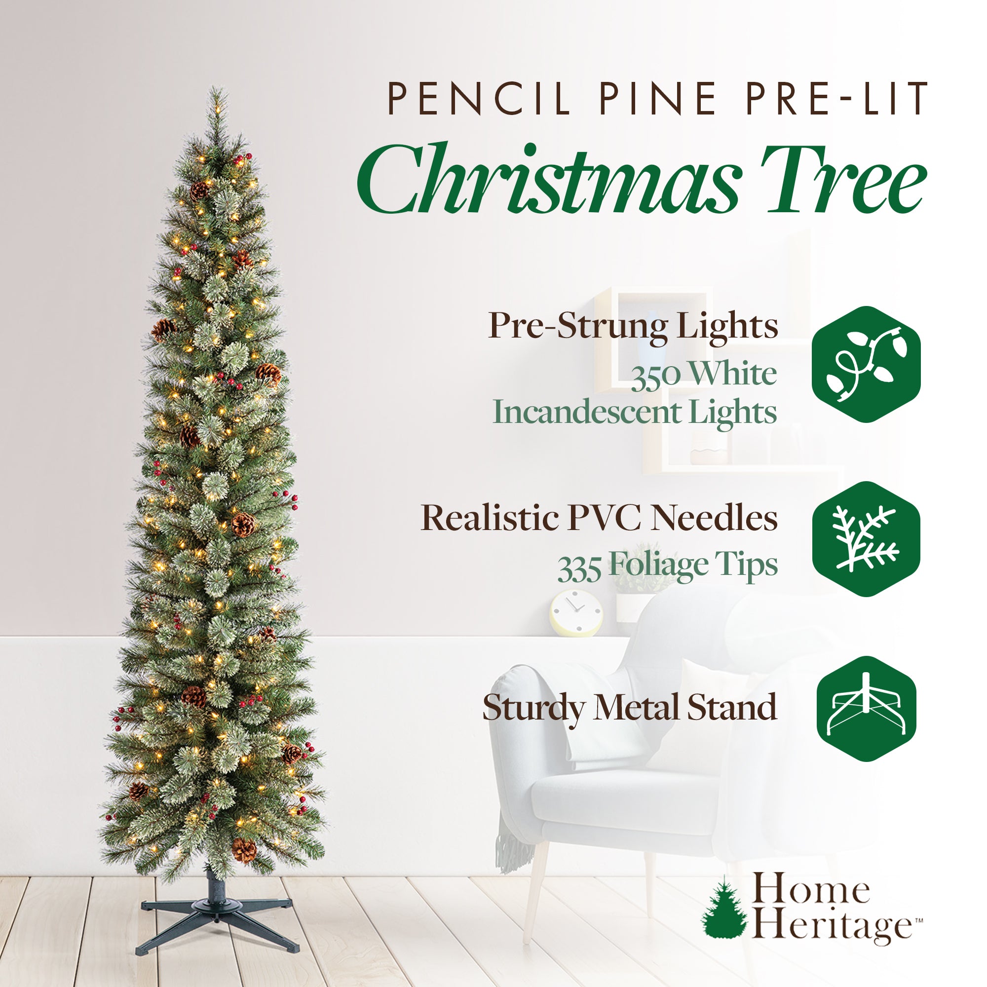 Home Heritage Stanley 7' Pre-Lit Artificial Christmas Tree, Pine Cones & Berries - VMInnovations