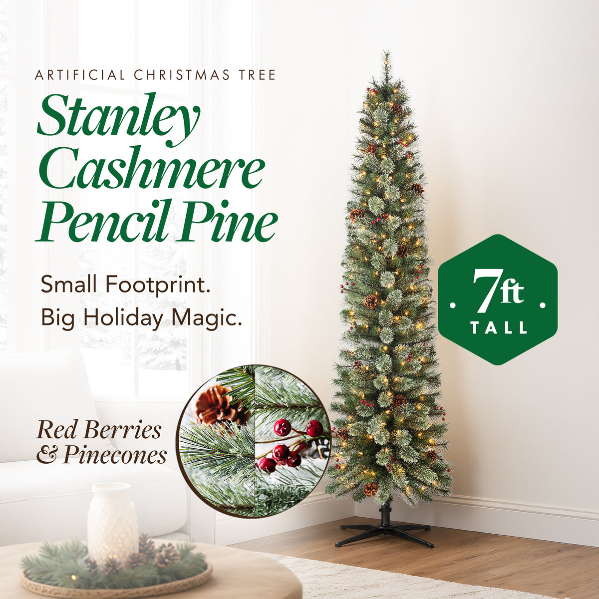 Home Heritage Stanley 7' Pre-Lit Artificial Christmas Tree, Pine Cones & Berries