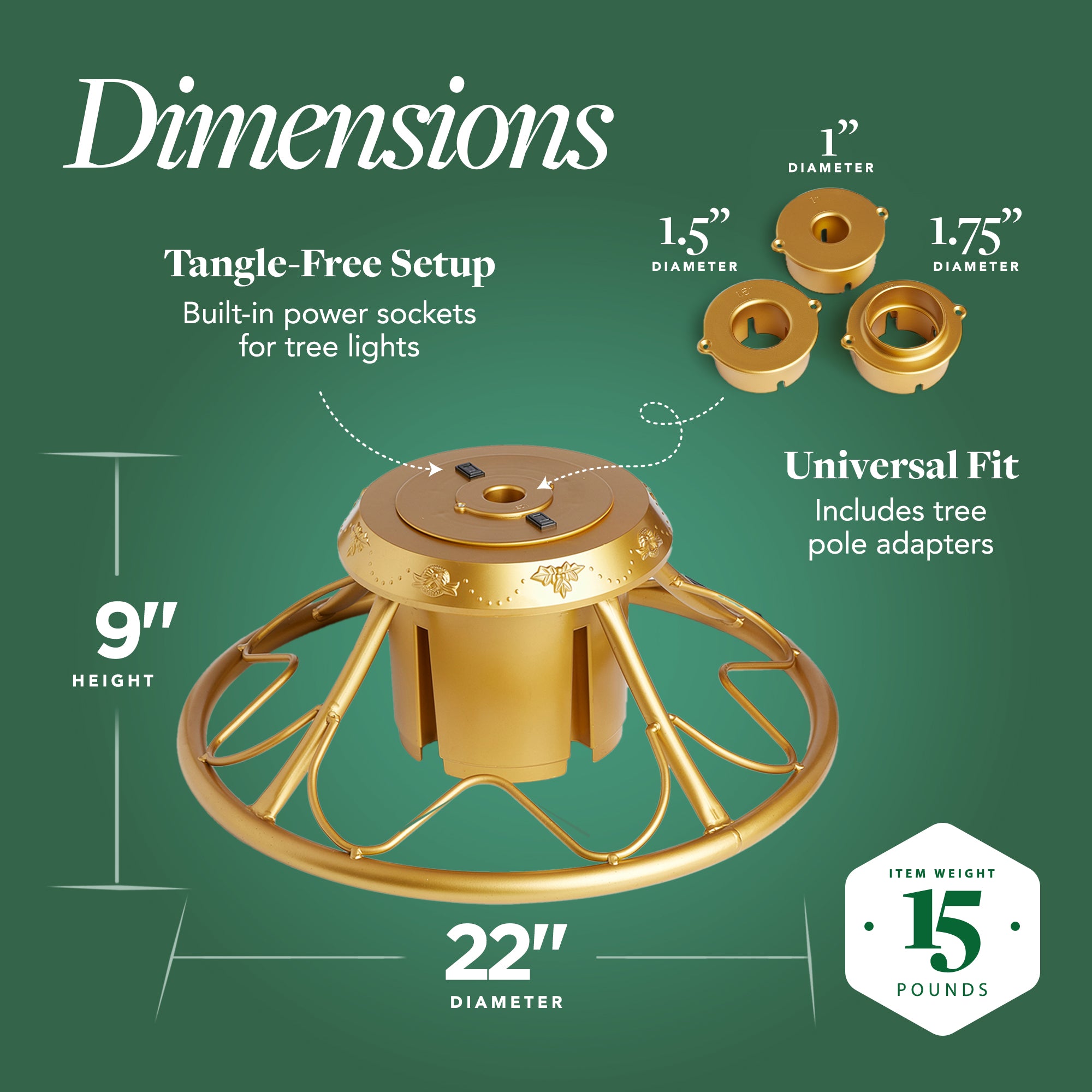 Home Heritage 1-1.75" Artificial Christmas Tree Base Rotating Metal Stand, Gold - VMInnovations