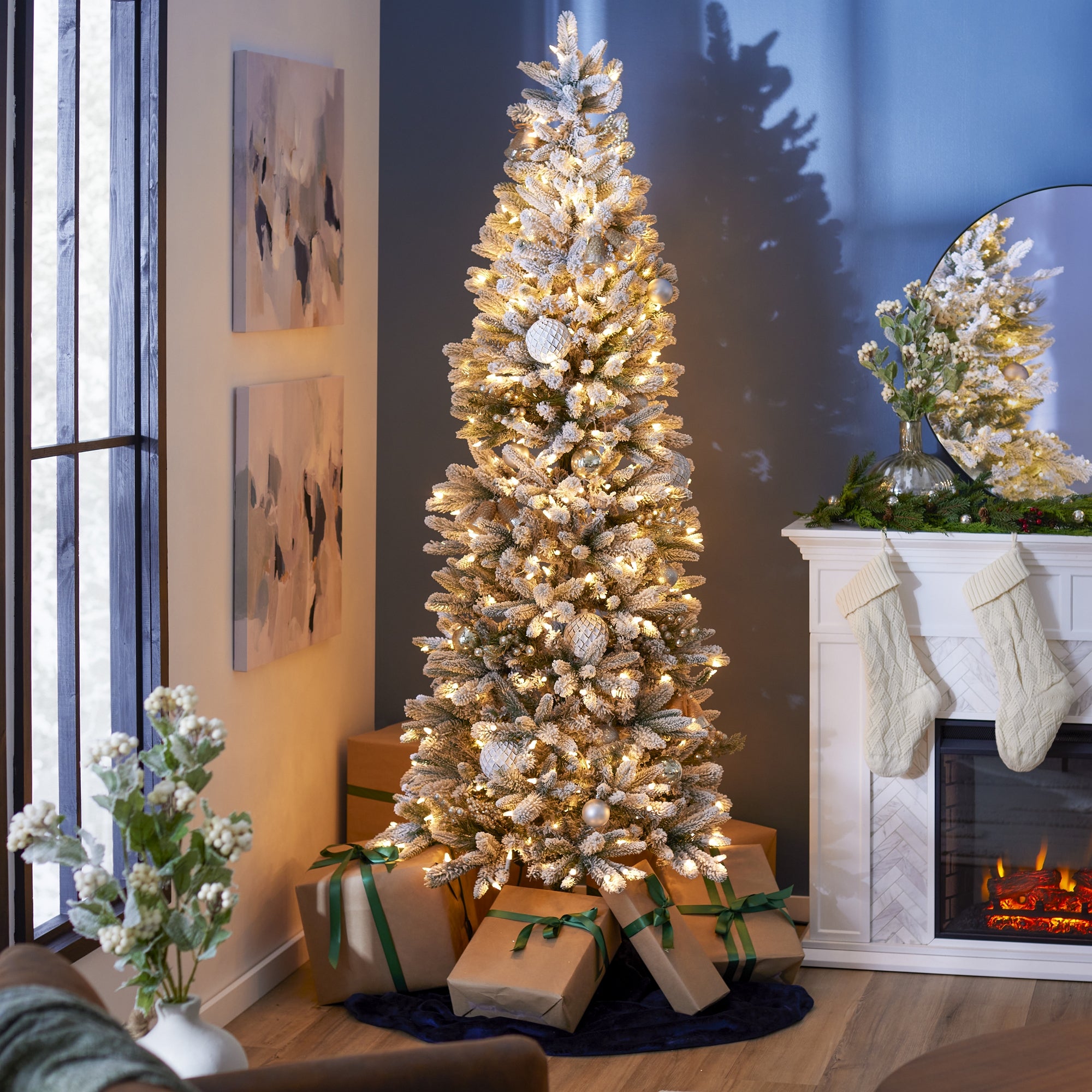 Home Heritage Anson 7' Flocked Slim 350 Clear Prelit Artificial Christmas Tree