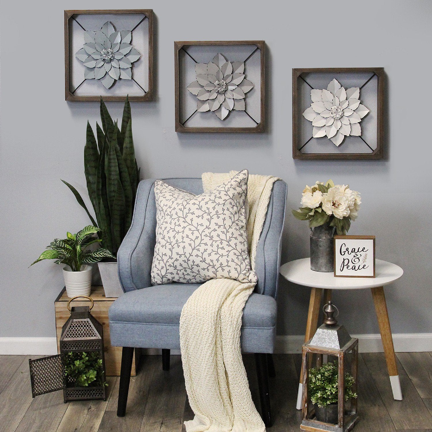 Stratton Home Decor Hanging Framed Metal Flower Wall Sculpture, Grey (Open Box) - VMInnovations