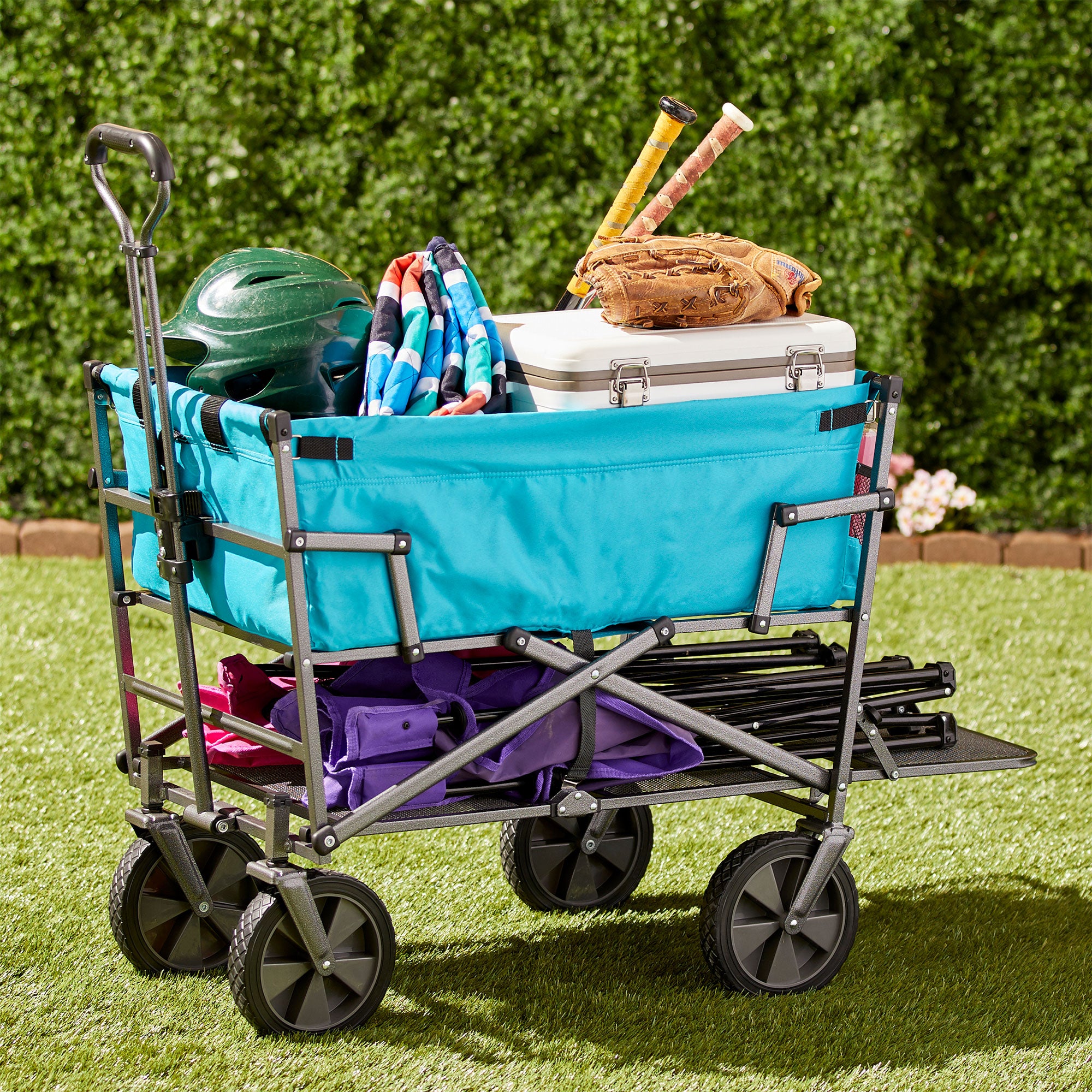 Mac Sports Double Decker Collapsible Outdoor Cart Utility Garden Wagon, Blue - VMInnovations