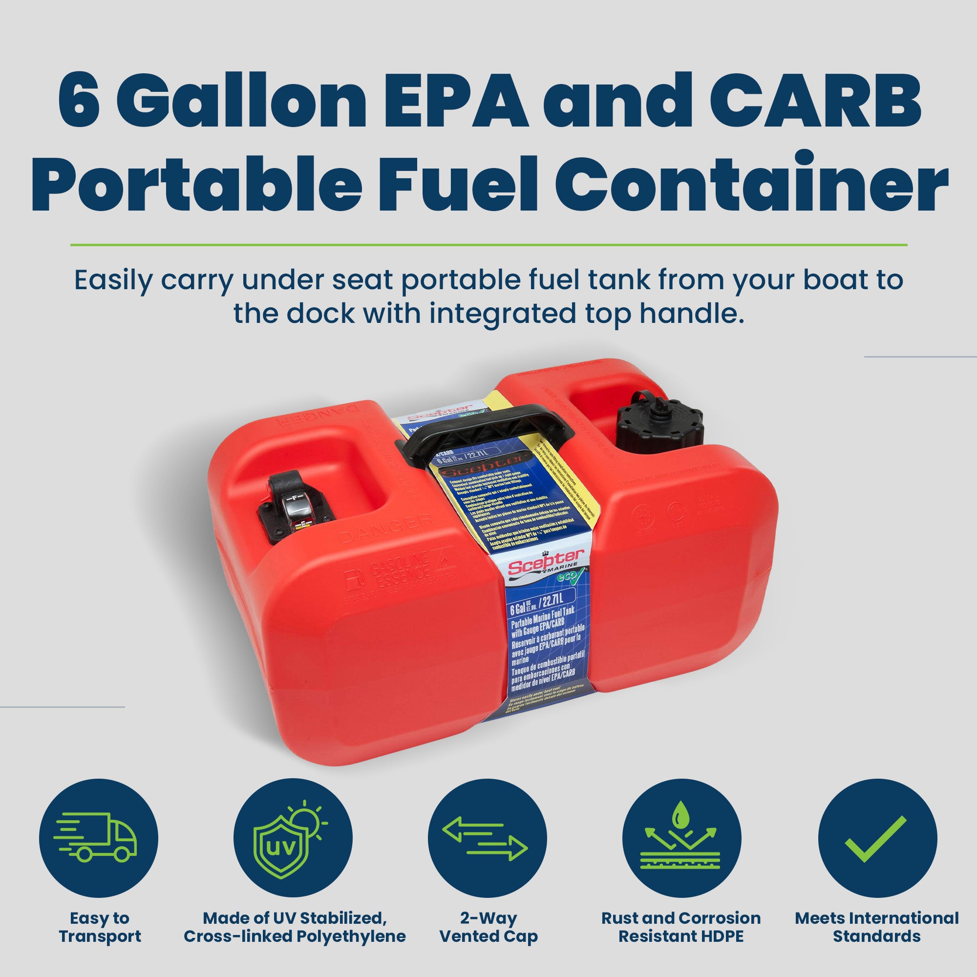 Scepter EPA CARB Marine Under the Seat Fuel Container, 6 Gallon (Open Box)
