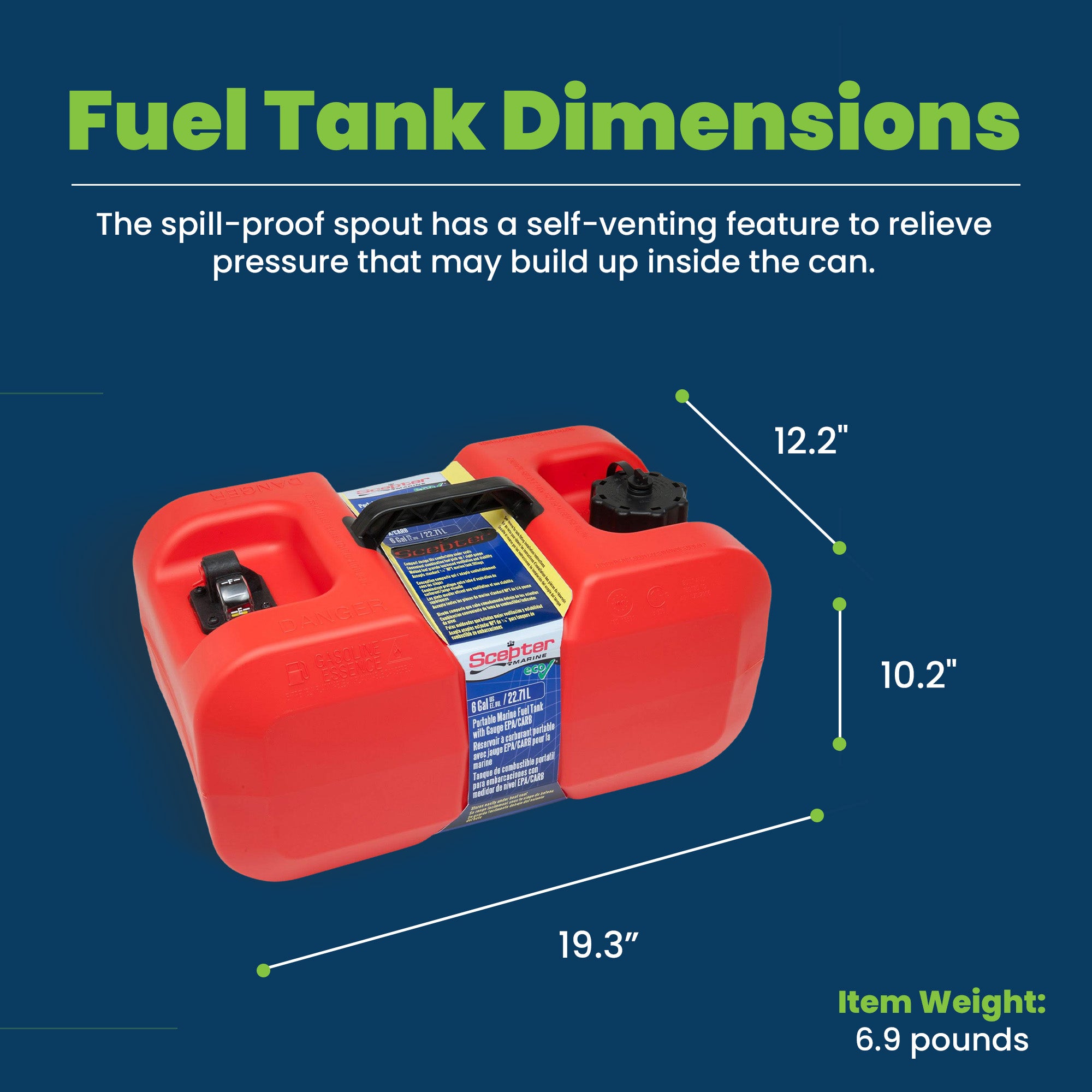 Scepter 6 Gal Under Seat Portable Marine Tank, Fuel Can Container for Boats