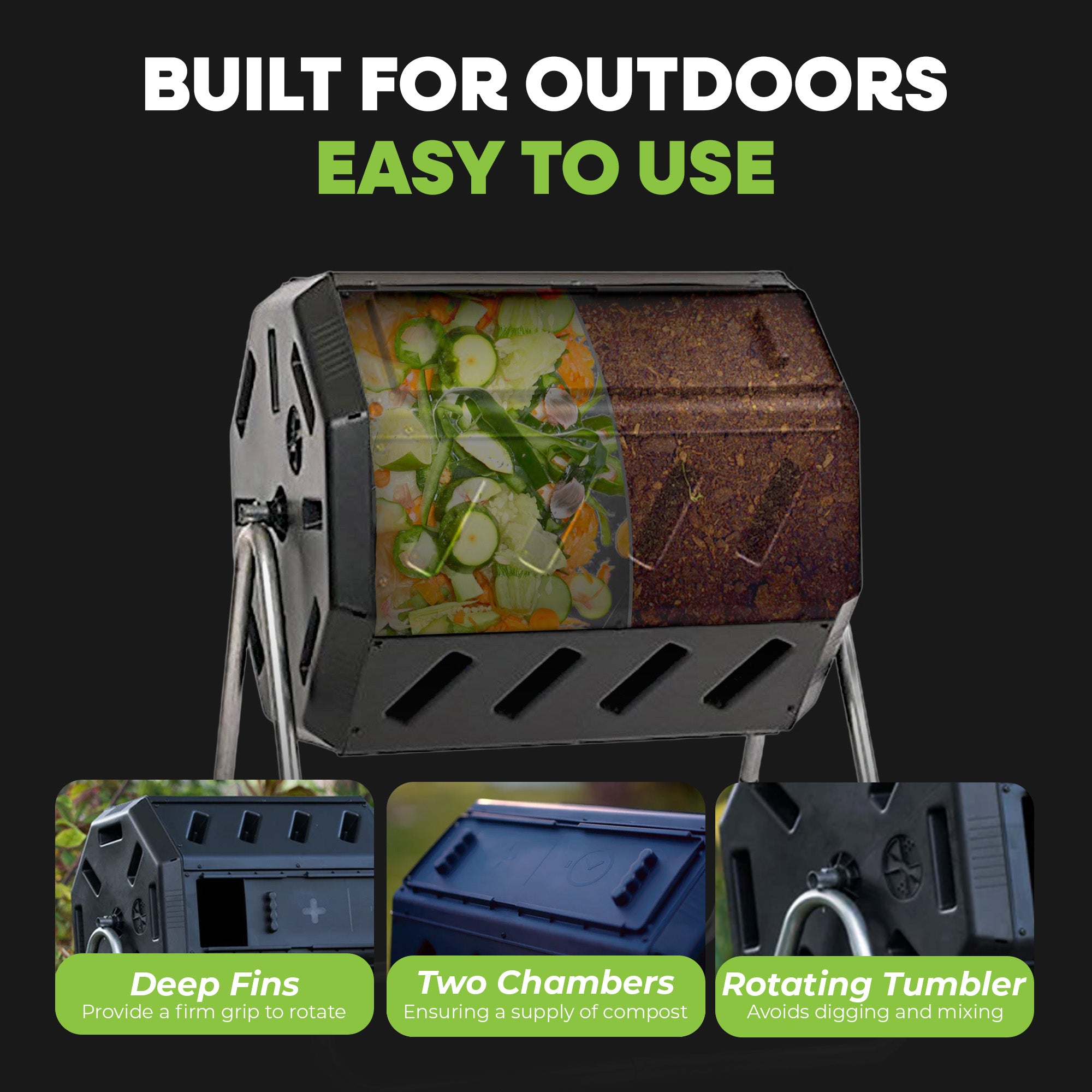 FCMP Outdoor 37 Gallon Elevated Dual Chamber Tumbling Garden Composter Bin,Black