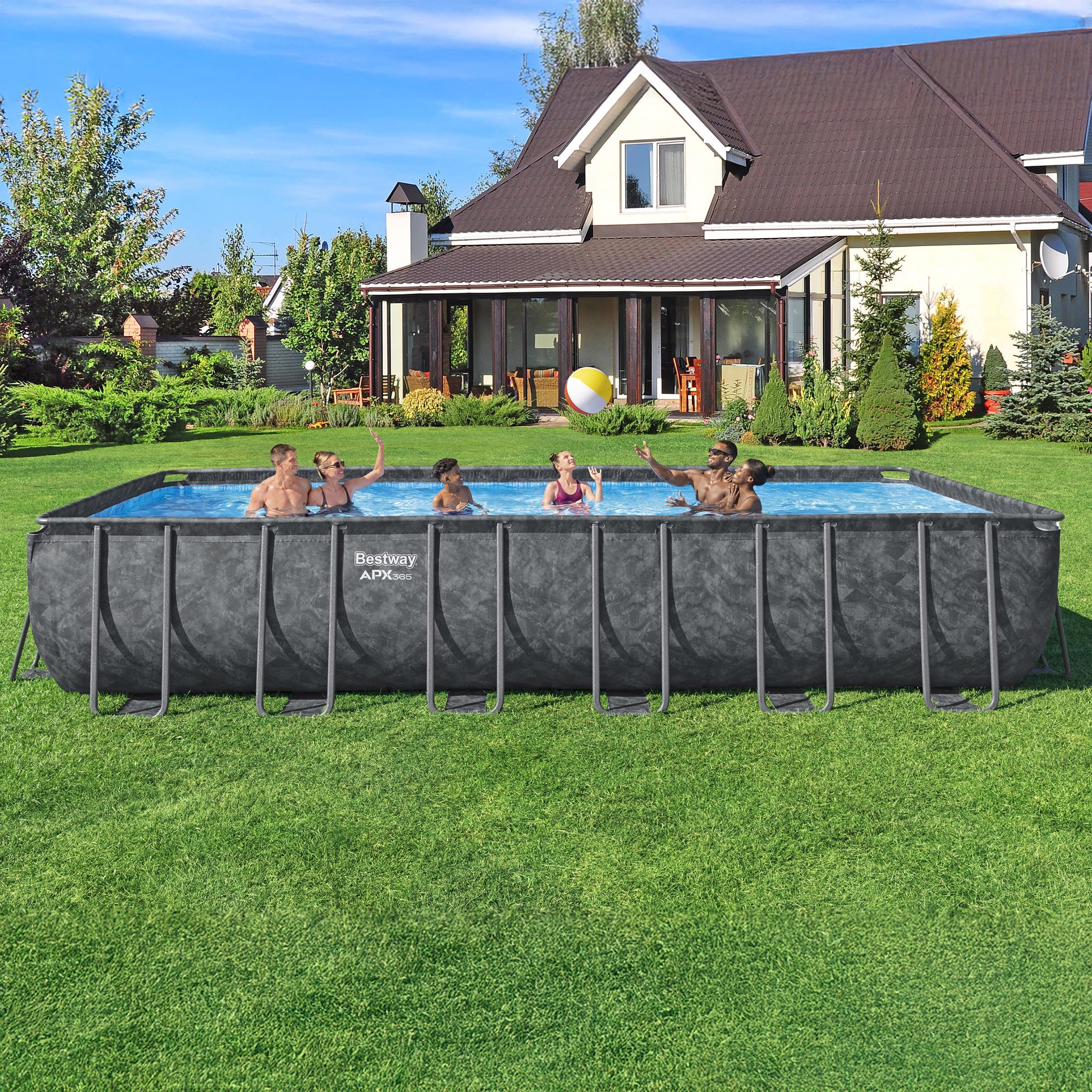 Bestway APX 365 24' x 12' x 52" Rectangular Above Ground Swimming Pool Set, Gray