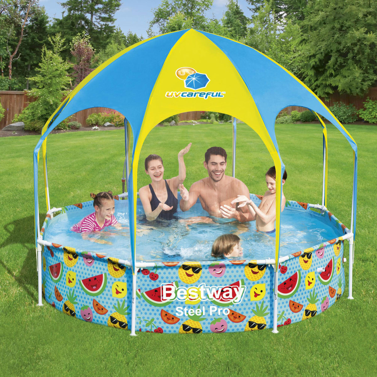 Bestway 8' x 20" Above Ground Kids Round Swimming Pool with Shaded Canopy, Fruit - VMInnovations