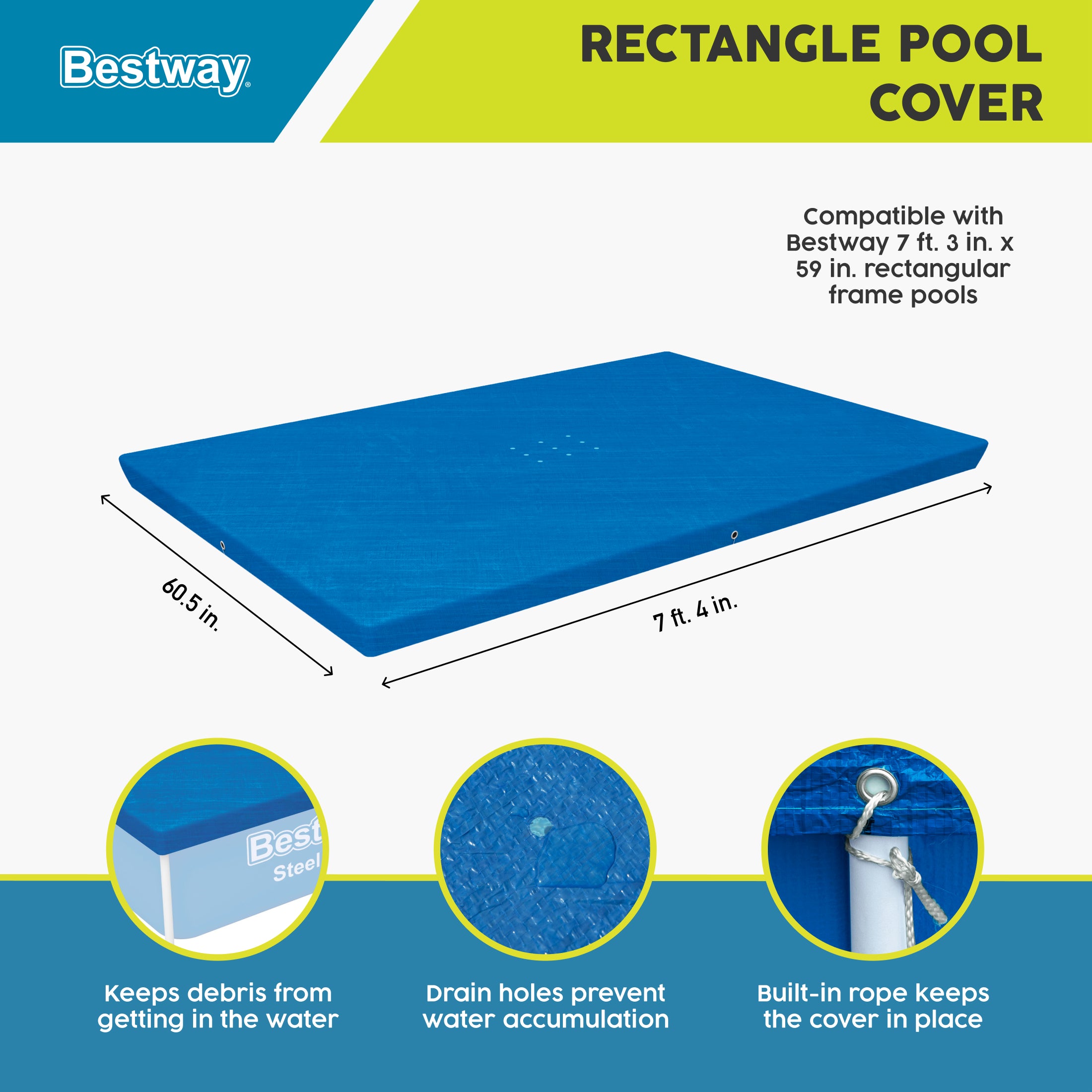 Bestway Flowclear Rectangle 7'4" x 60" Above Ground Swim Pool Cover (Cover Only)