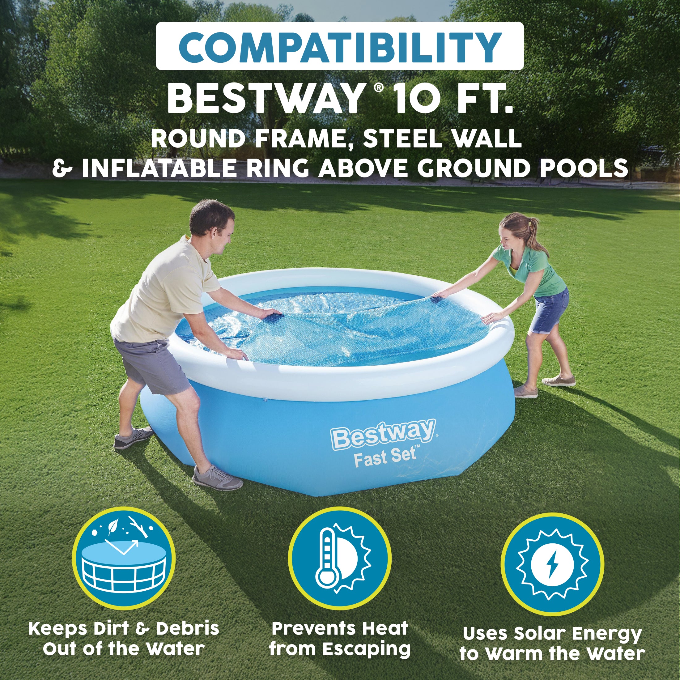 Bestway Round Solar Pool Cover for 10’ Round Above Ground Swimming Pools, Blue - VMInnovations