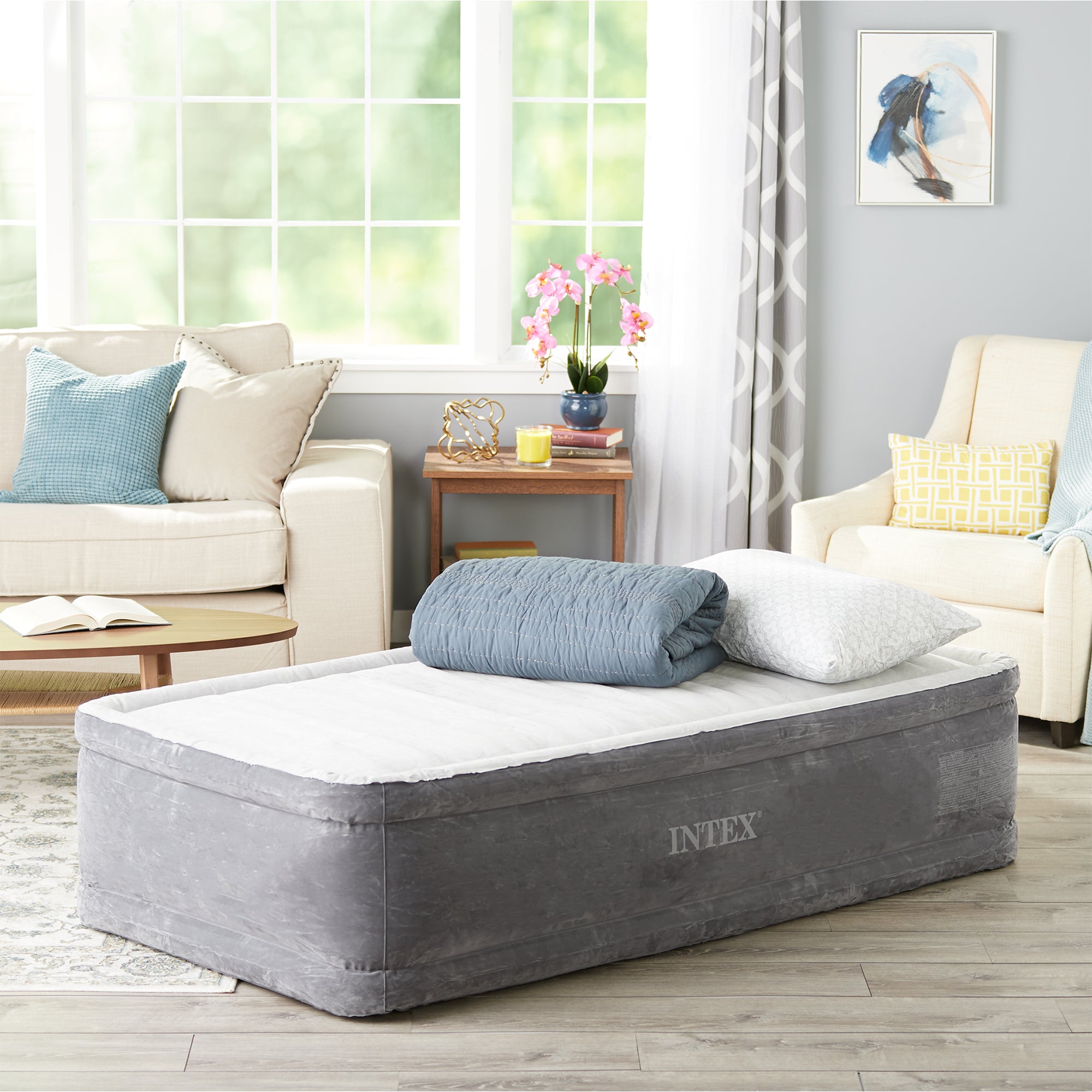 Intex Dura Beam Plus Series Comfort Plus Elevated Airbed w/ Built in Pump, Twin