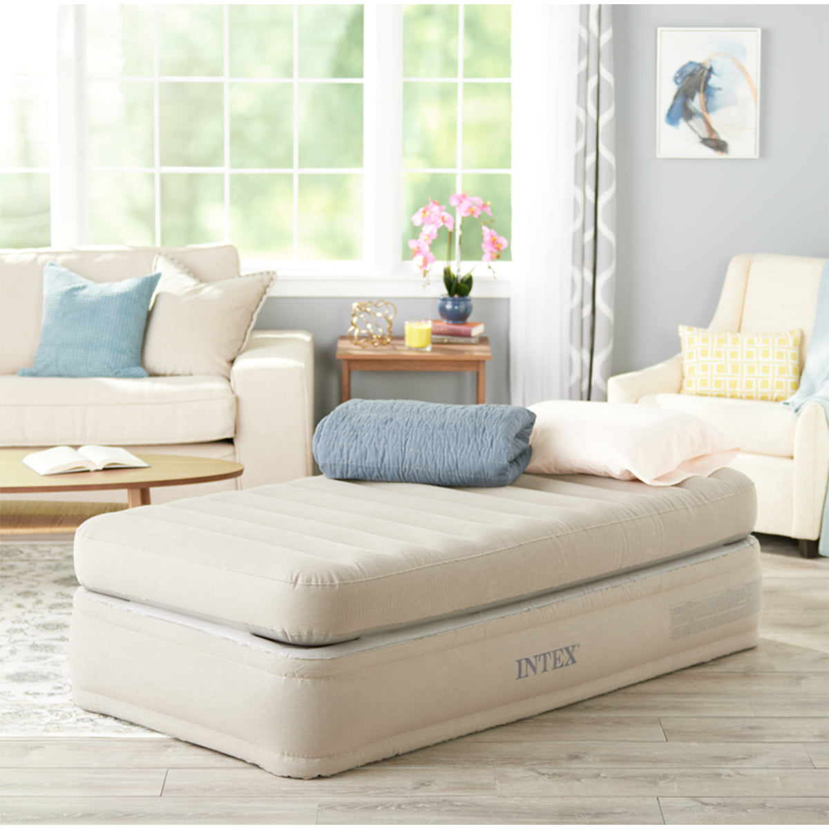 Intex 64443EP Prime Comfort Gray Elevated Air Mattress with Built-In Pump, Twin