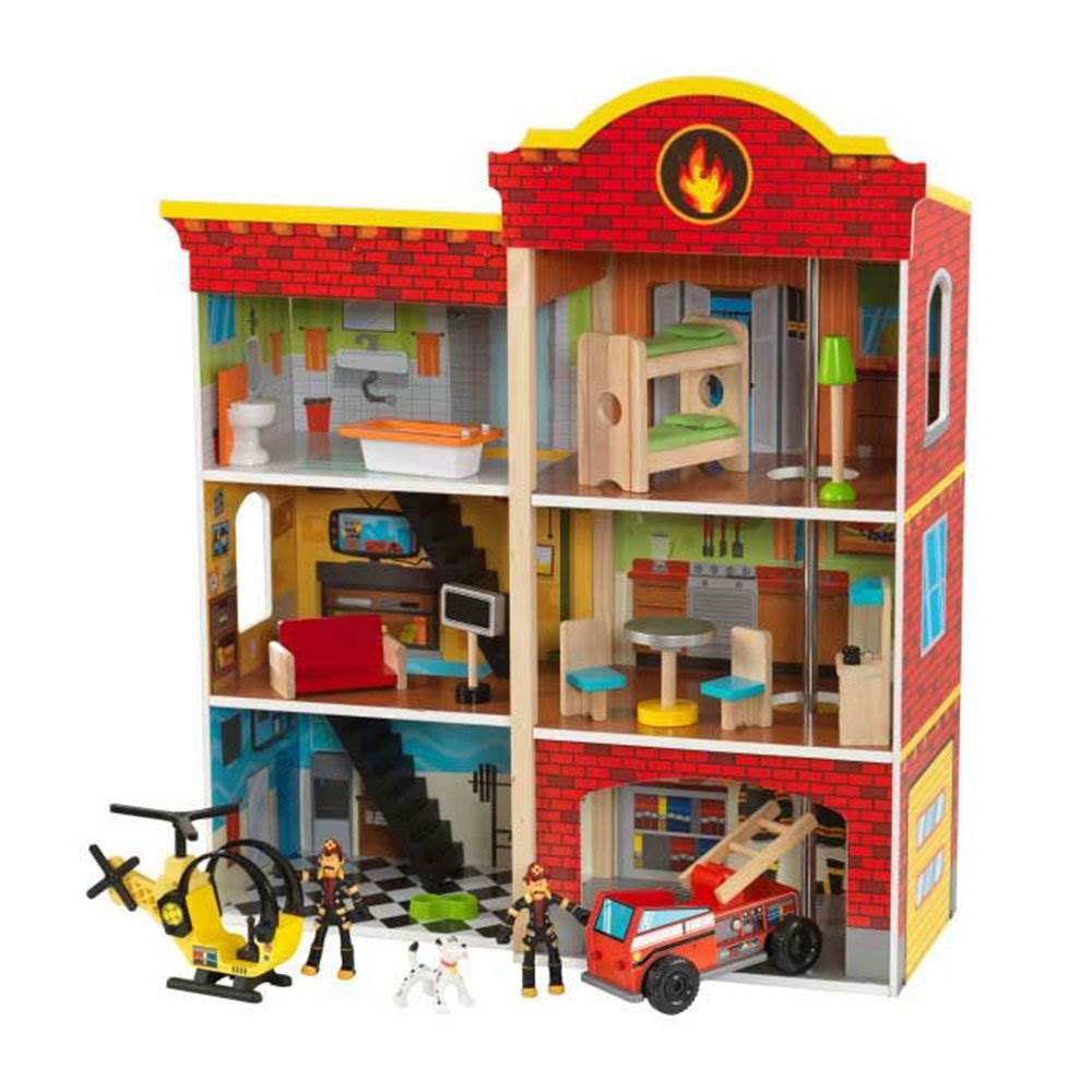 KidKraft Wooden Fire Station Set Toy w/ 14 Accessory Pieces (Open Box)
