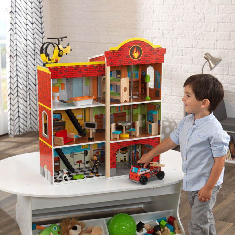 KidKraft Wooden Fire Station Set Toy w/ 14 Accessory Pieces (Open Box)