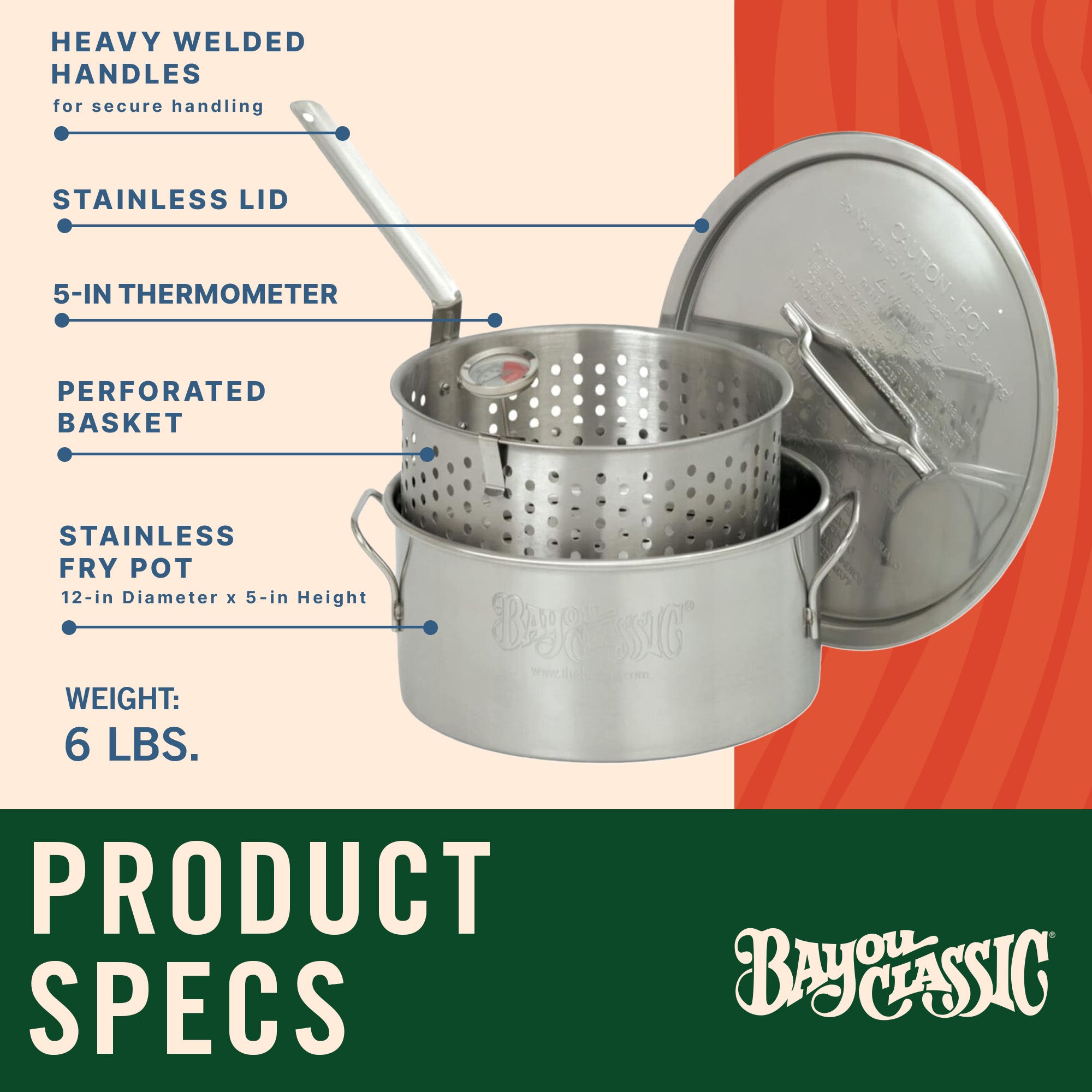 Bayou Classic 10 Quart Stainless Steel Fry Pot w/Perforated Basket & Thermometer