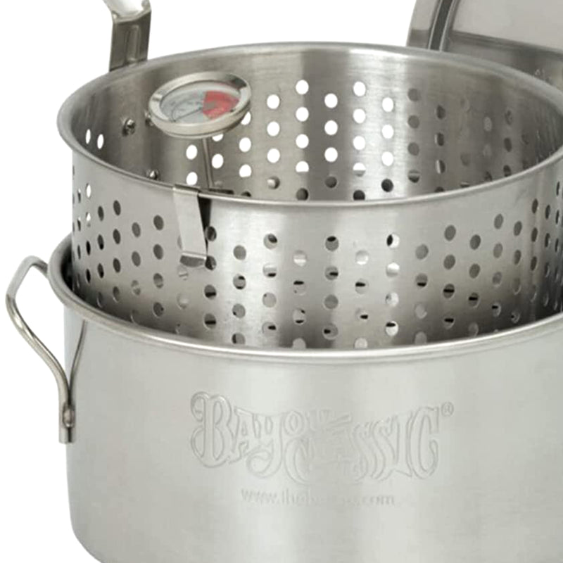 Bayou Classic 10 Quart Stainless Steel Fry Pot w/Perforated Basket & Thermometer