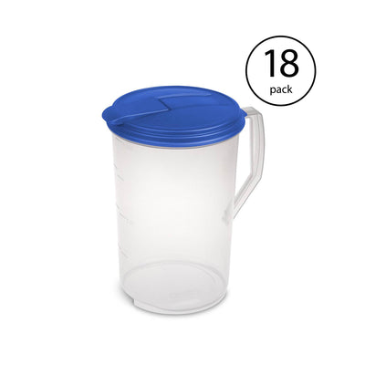 Sterilite 1-Gallon Round Pitcher, Clear with Blue Lid & Hinged Spout (18 Pack)