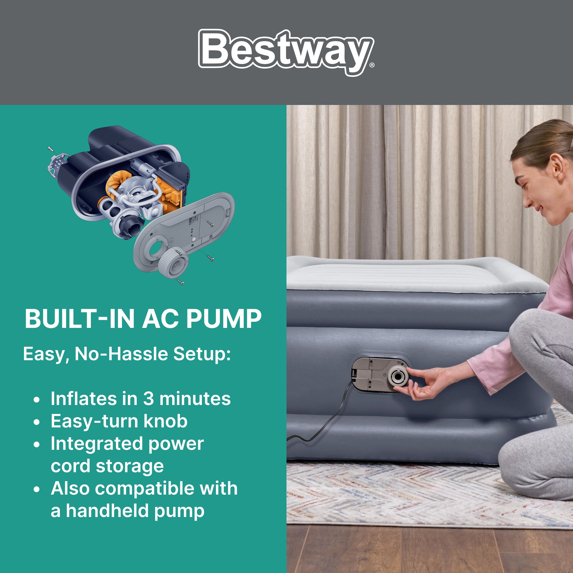 Bestway Tritech Air Mattress Inflatable Twin-Sized Bed with Built-In AC Pump