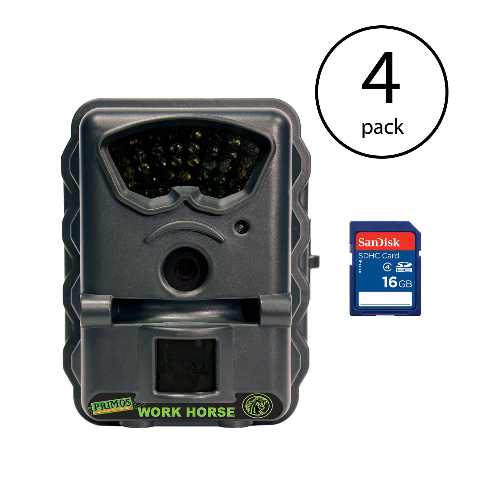 Primos Work Horse 3MP Infrared Camera (Certified Refurbished), 4 Pack + SD Cards