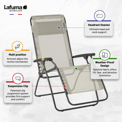 Lafuma R-Clip Batyline Iso Relaxation 0 Gravity Outdoor Lounge Recliner, Seigle