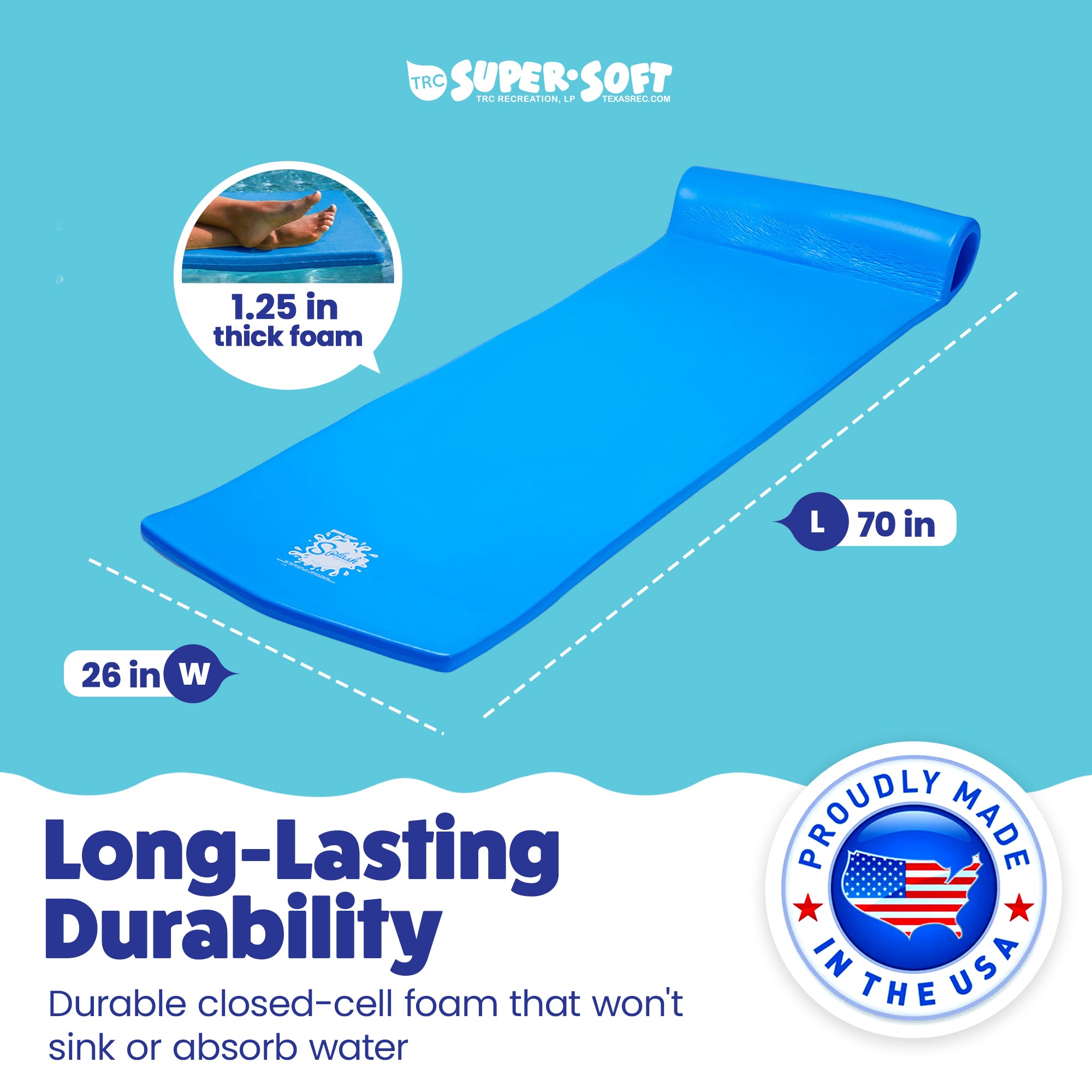 Texas Recreation Splash 70 Inch Foam Raft Lounger Pool Lake Float, Blue (4 Pack)