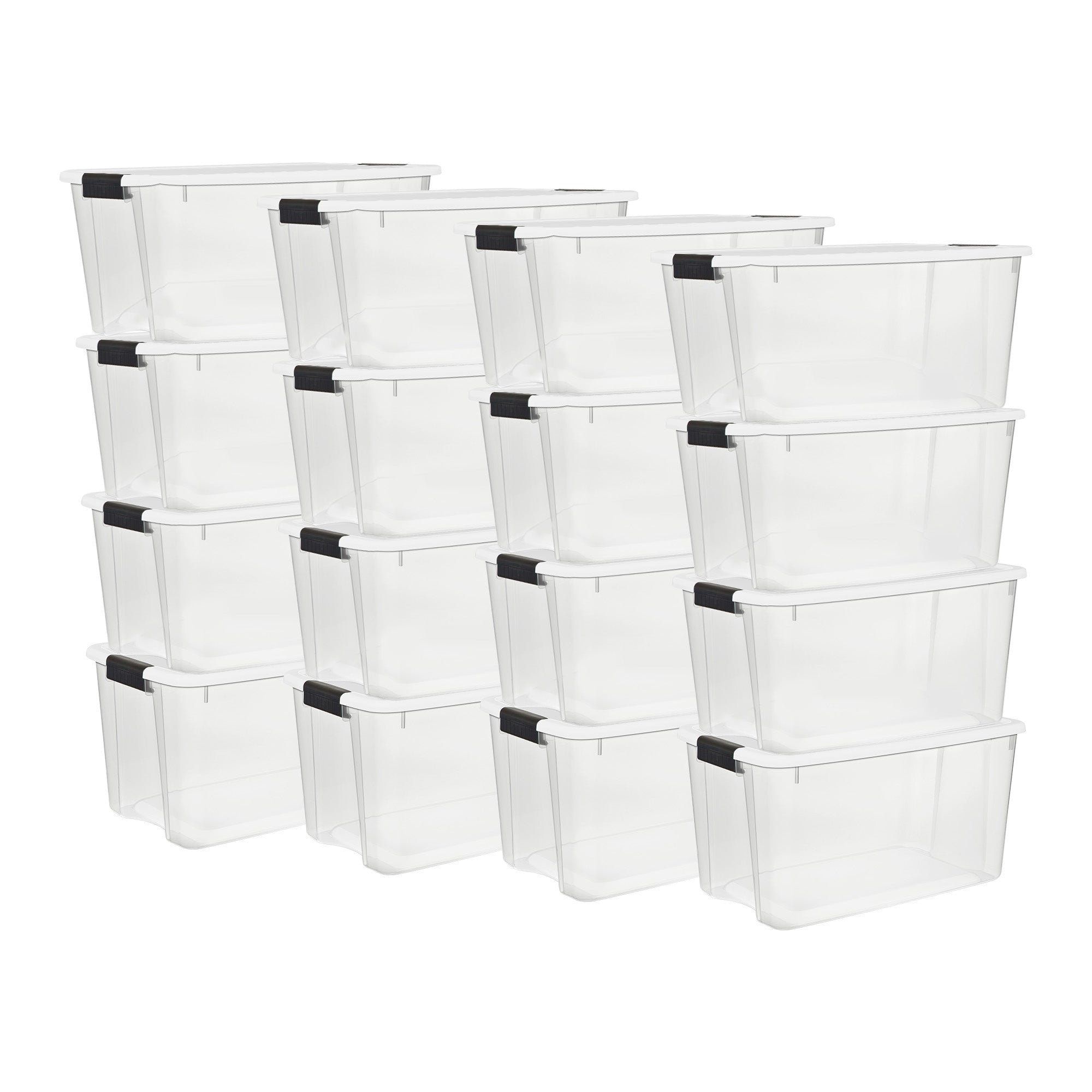 Sterilite 70 Qt Clear Plastic Stackable Storage Bin w/ White Latch Lid, 16 Pack - VMInnovations