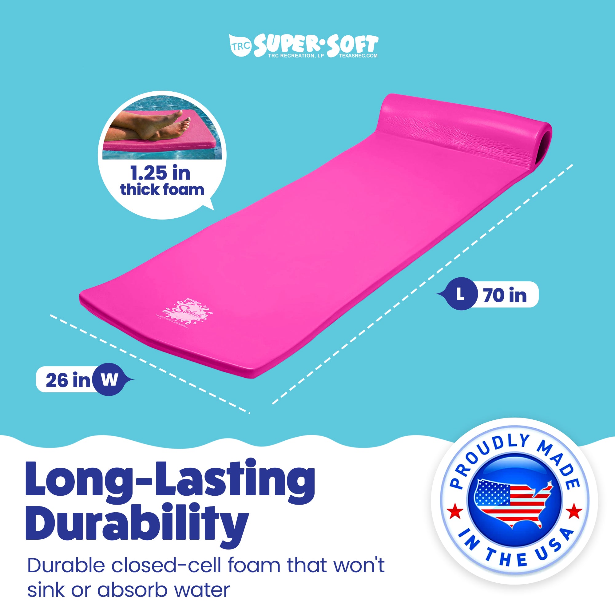 TRC Recreation Splash 1.25" Thick Pool Float Mats, Bahama Blue/Flamingo Pink - VMInnovations