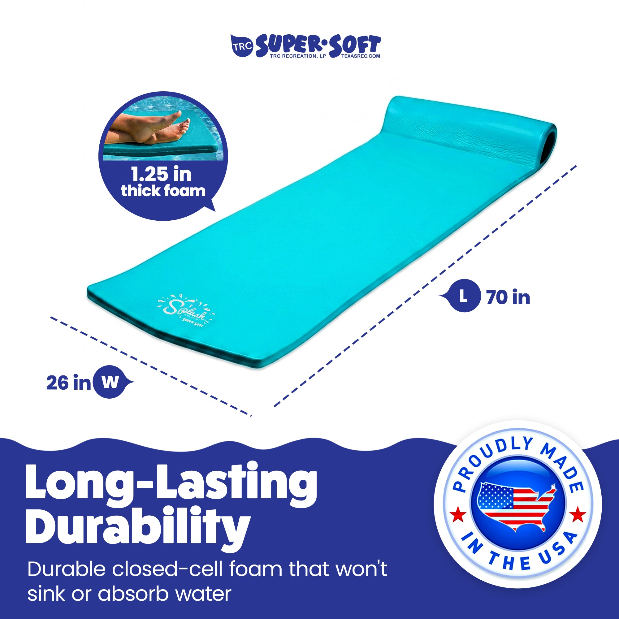 Splash 1.25" Thick Foam Swimming Pool Float Mat, Tropical Teal (Open Box)