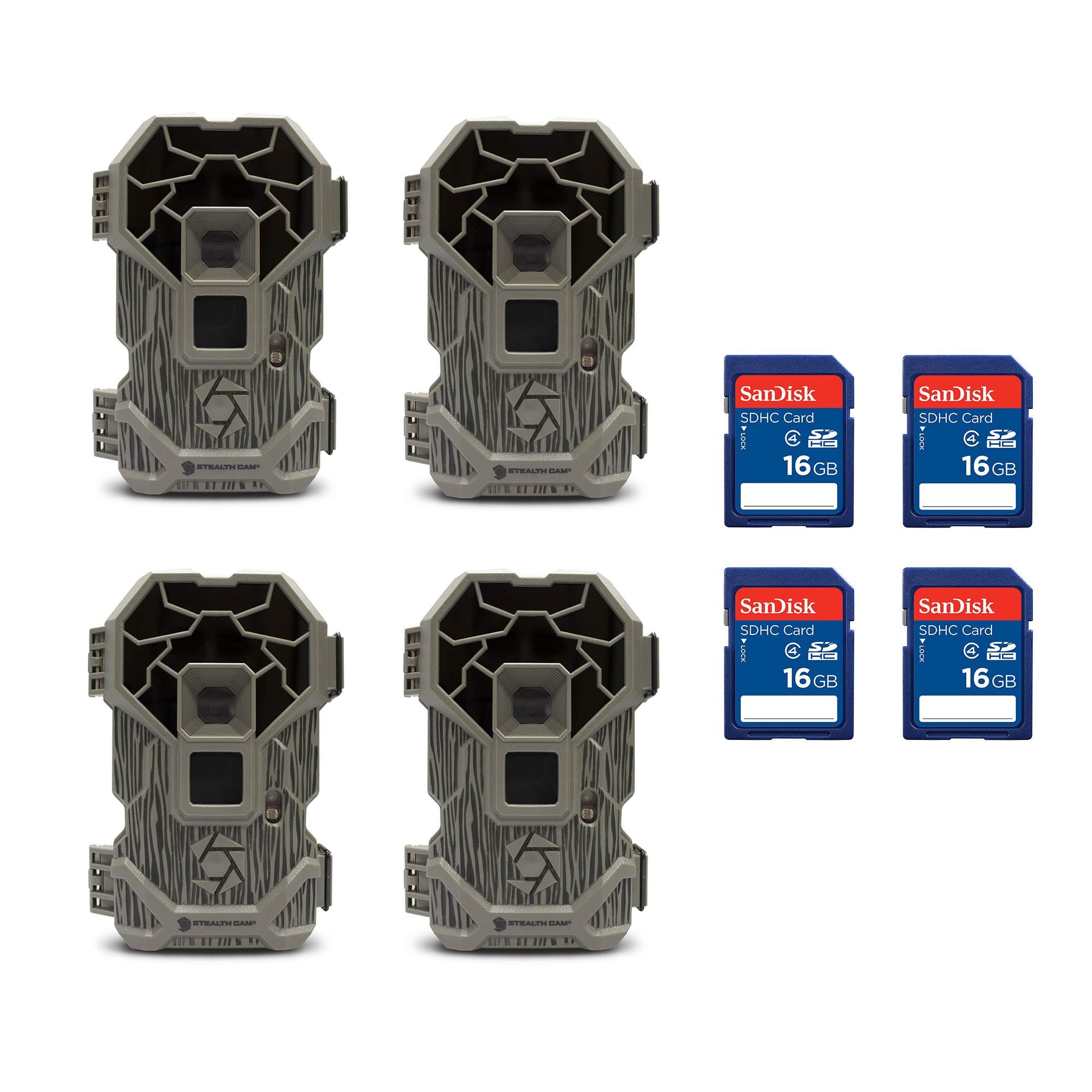 Stealth Cam PXP24NG 16MP Hunting Game Trail Camera (4 Pack) + SD Cards (4 Pack)