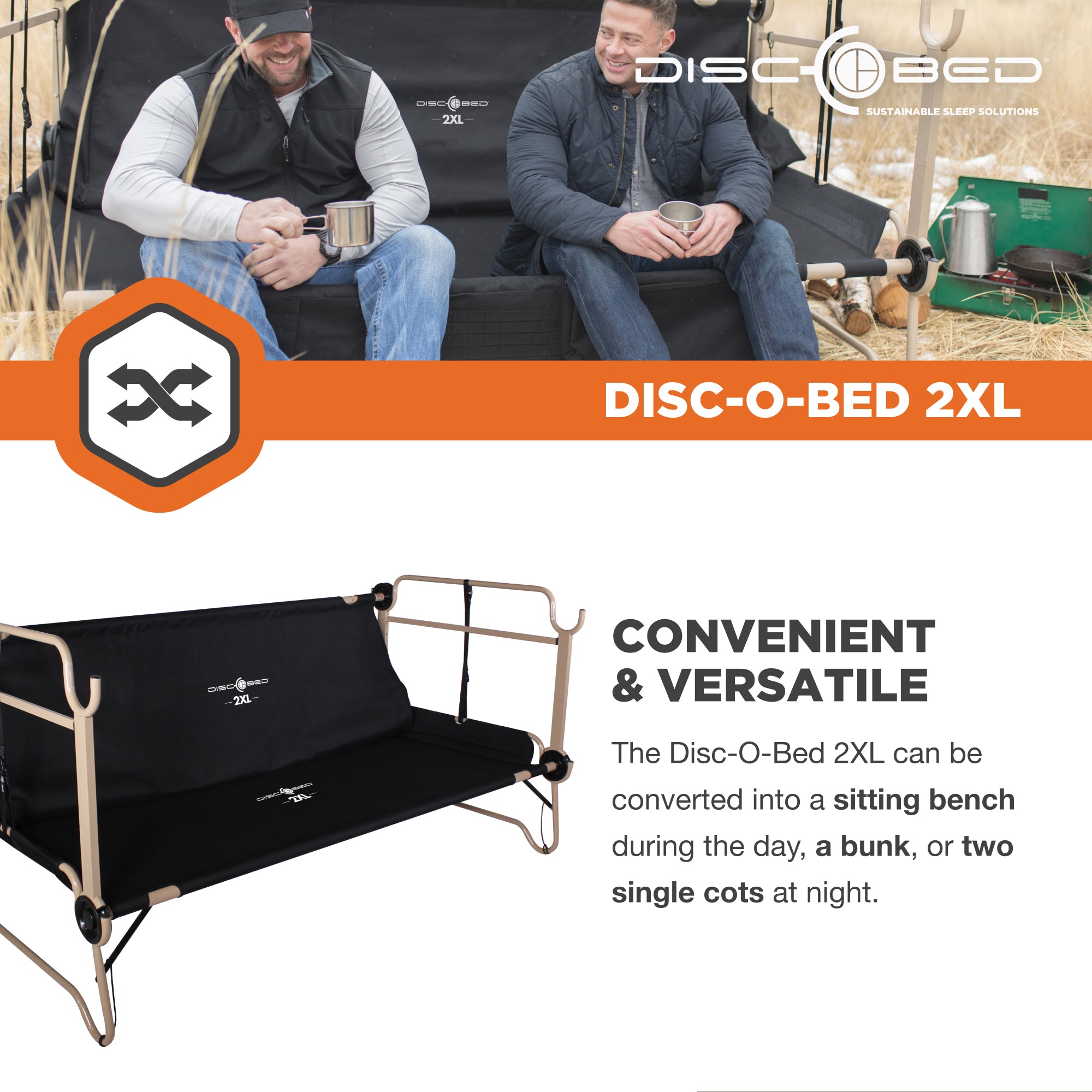 Disc-O-Bed 2XL Cam-O-Bunk Benchable Double Cot w/Organizers, Black - VMInnovations