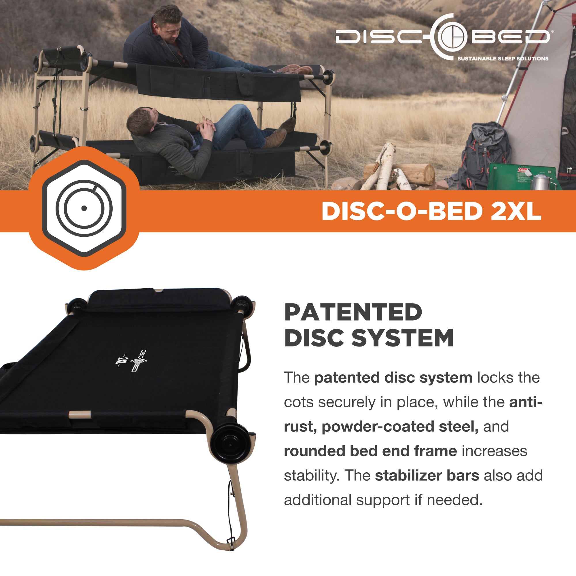 Disc-O-Bed 2XL Cam-O- Bunked Organizers Double Camping Cot, Black (Open Box) - VMInnovations