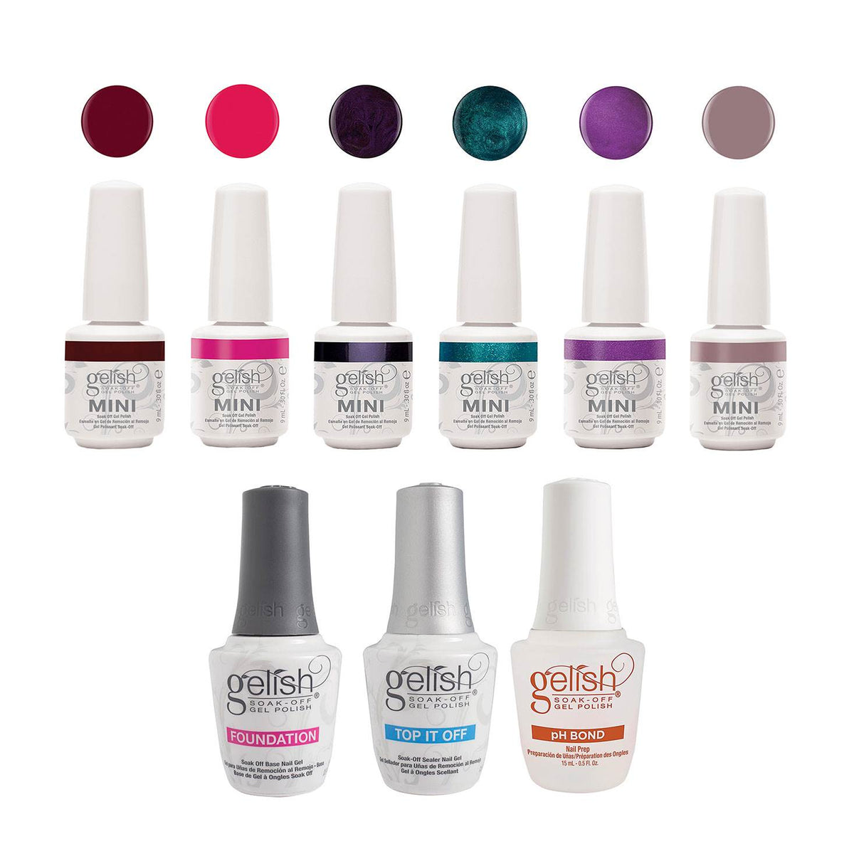 Gelish Mini Essentials & Colors Soak Off Gel Nail Polish Kit Bottles (9 Pack)