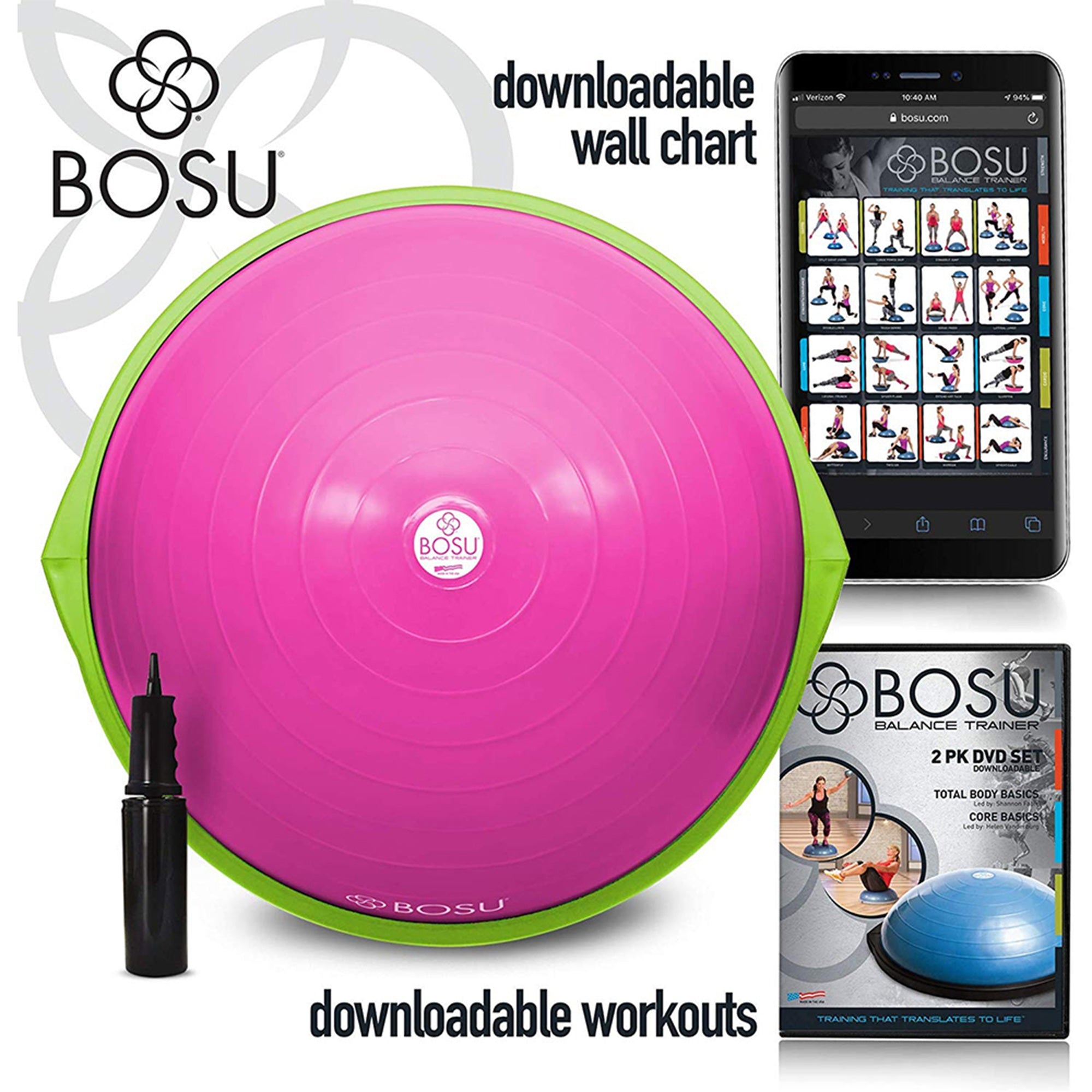 Bosu The Original Balance Trainer 65 cm Diameter, Pink and Lime Green (Open Box) - VMInnovations
