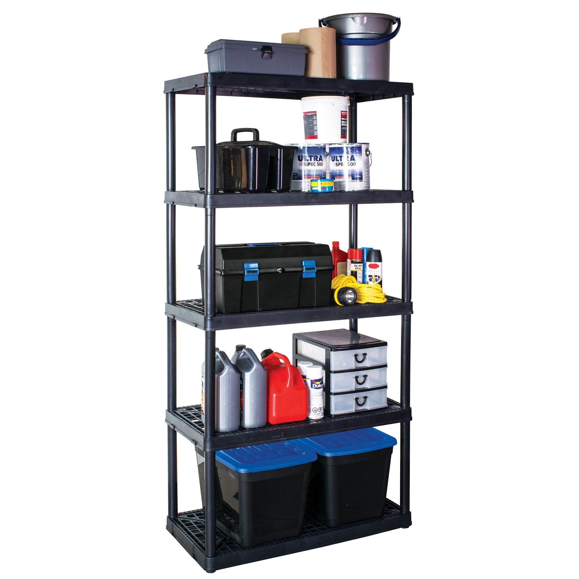 Gracious Living 5 Shelf Tier Shelf and Black Storage Box 20 Gal (7 Pack) - VMInnovations