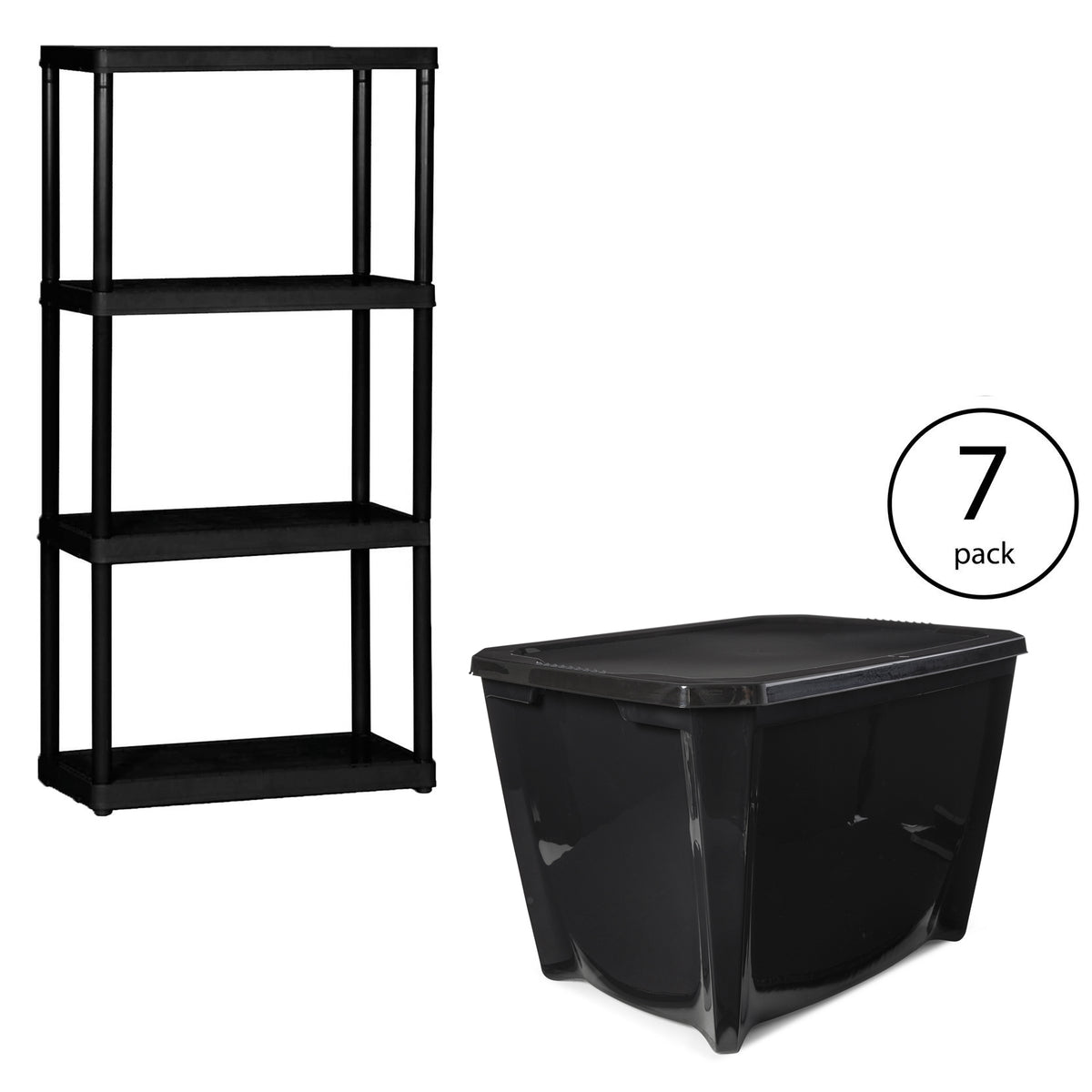 Gracious Living 4-Tier Shelf, UnitLife Story Black Storage Box, 20 Gal (7 Pack)
