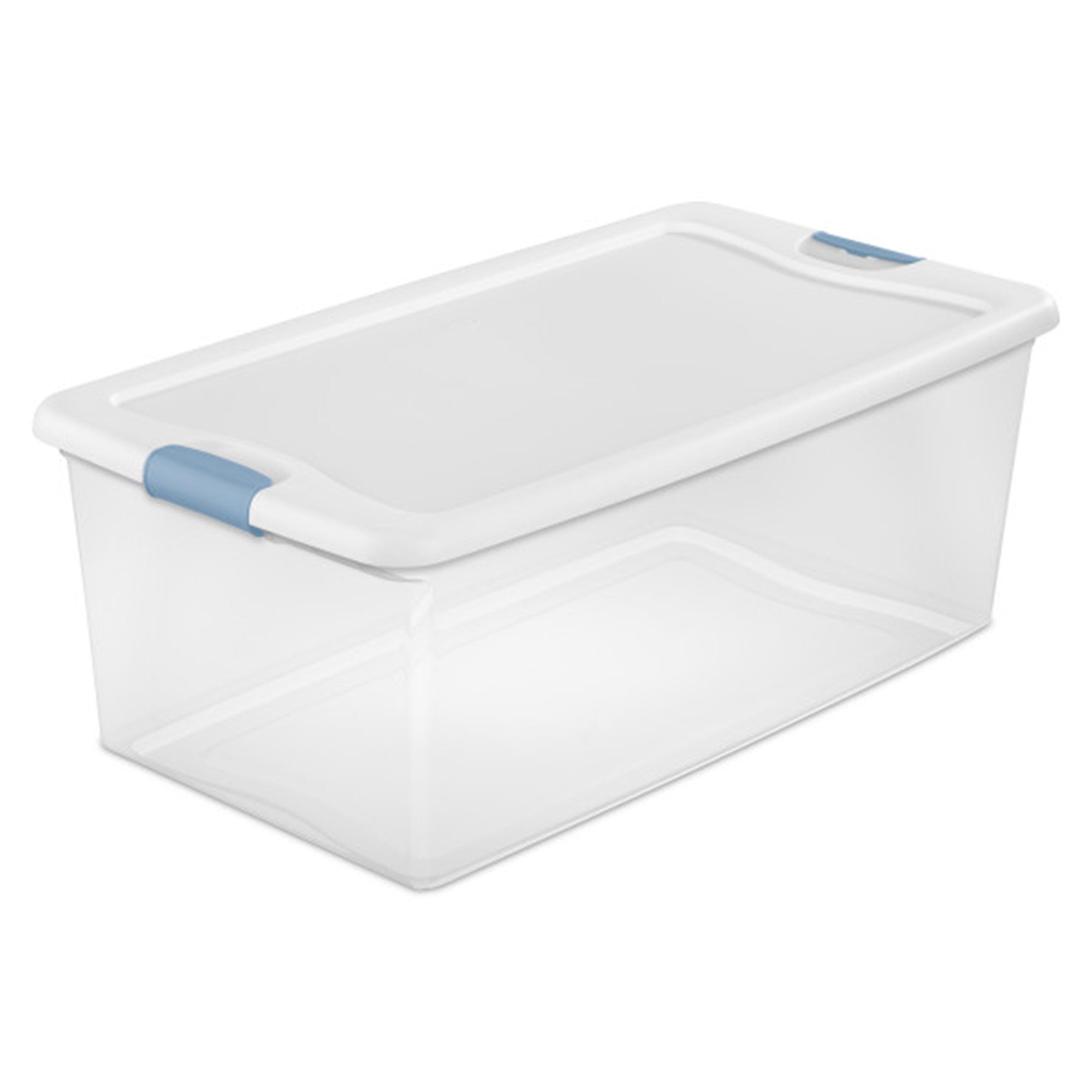 Sterilite 106 Qt Clear Plastic Stackable Storage Bin with White Lid & Blue Latch - VMInnovations