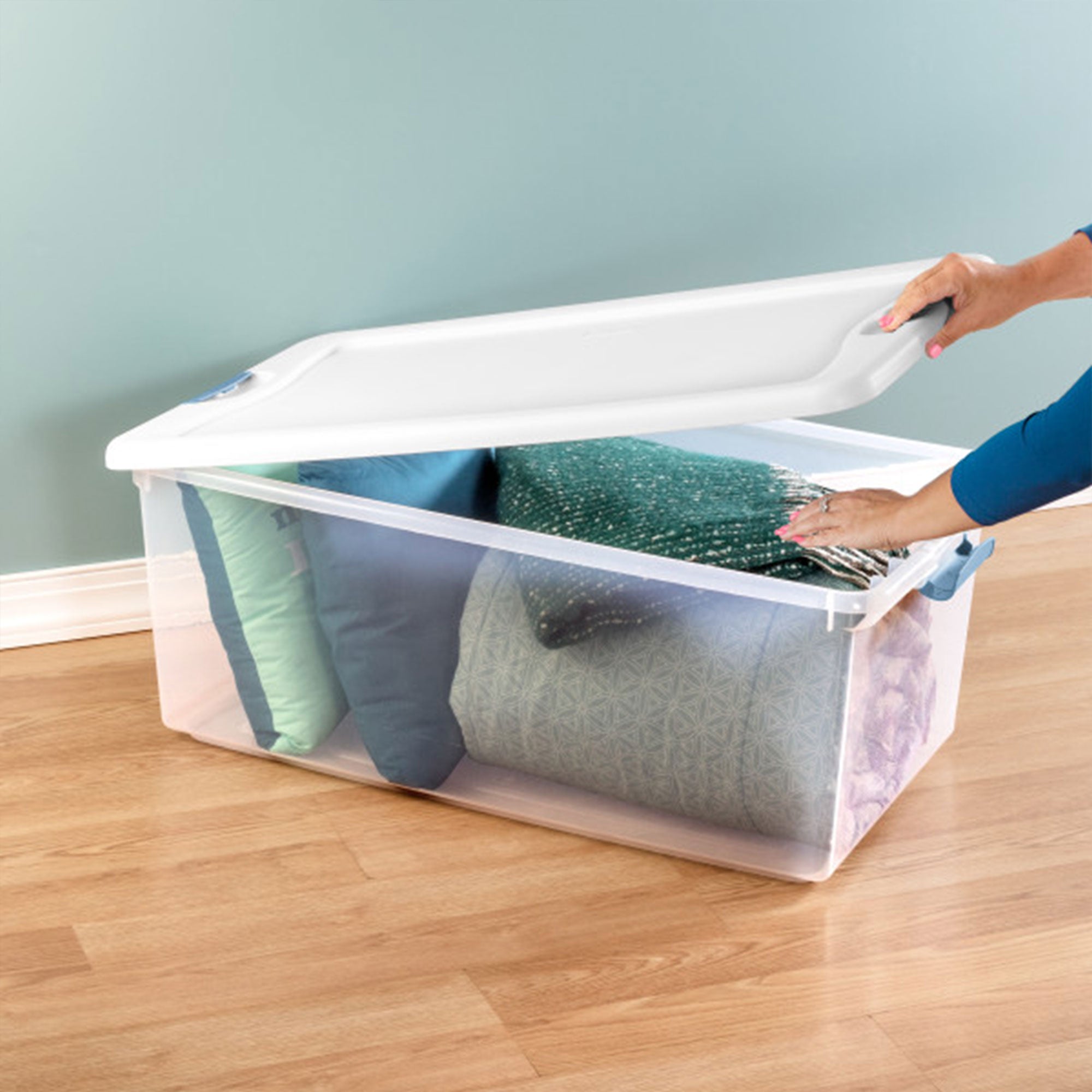 Sterilite 106 Qt Clear Plastic Stackable Storage Bin with White Lid & Blue Latch - VMInnovations
