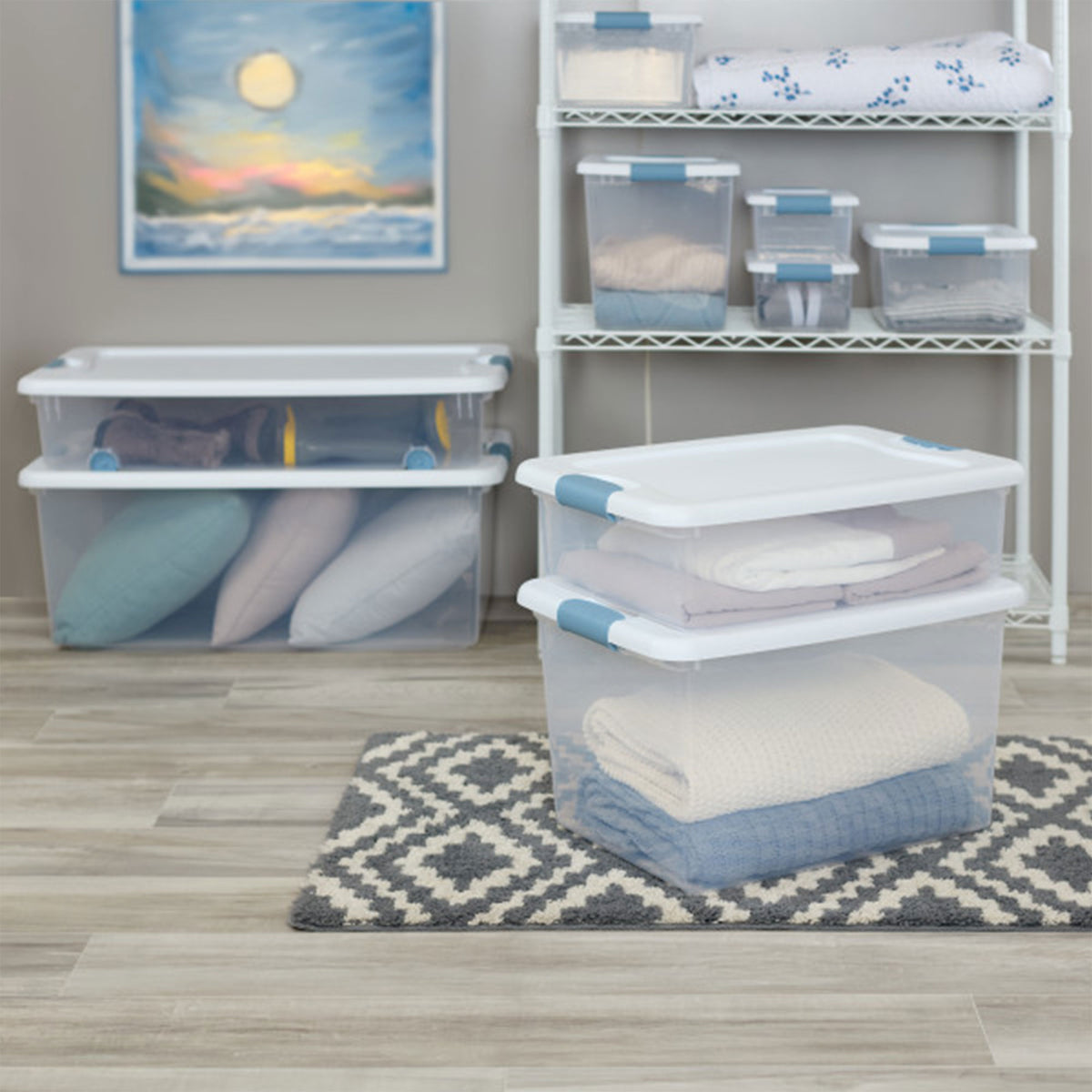 Sterilite 106 Qt Clear Plastic Stackable Storage Bin with White Lid & Blue Latch