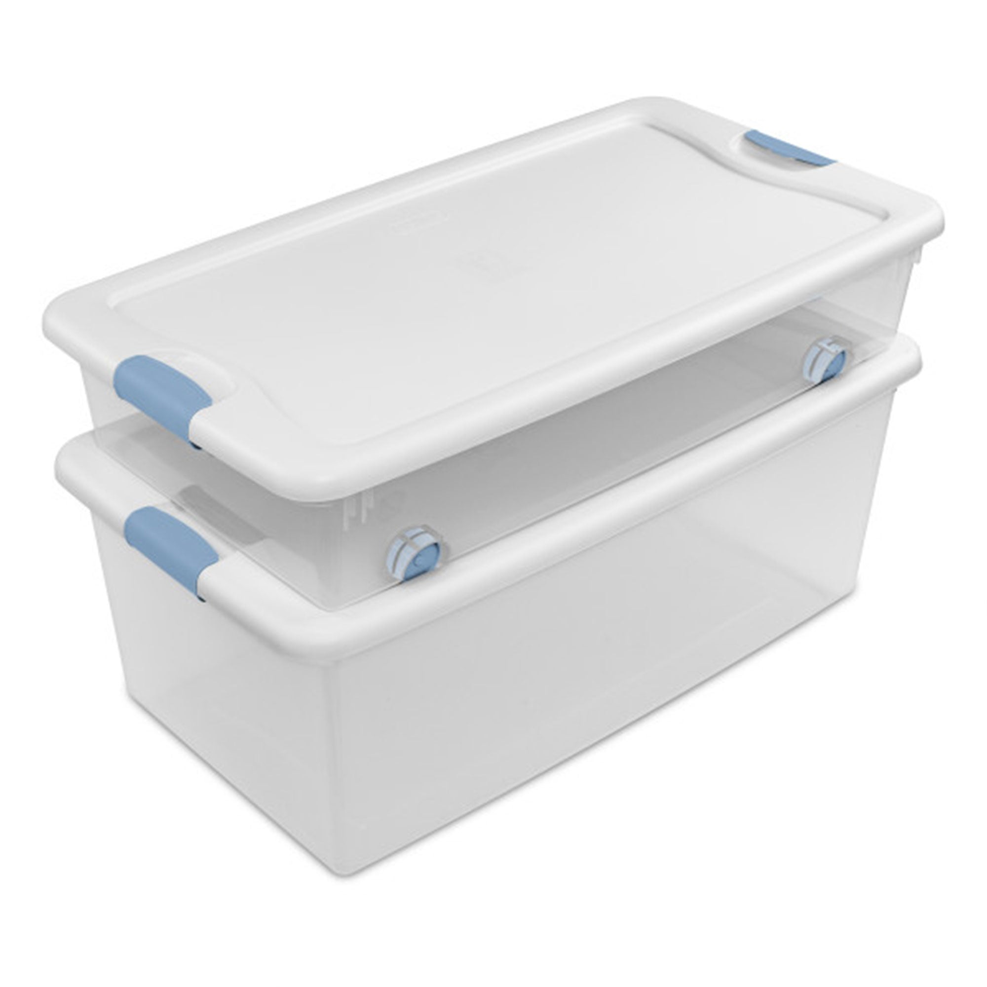 Sterilite 106 Qt Clear Plastic Stackable Storage Bin with White Lid & Blue Latch - VMInnovations