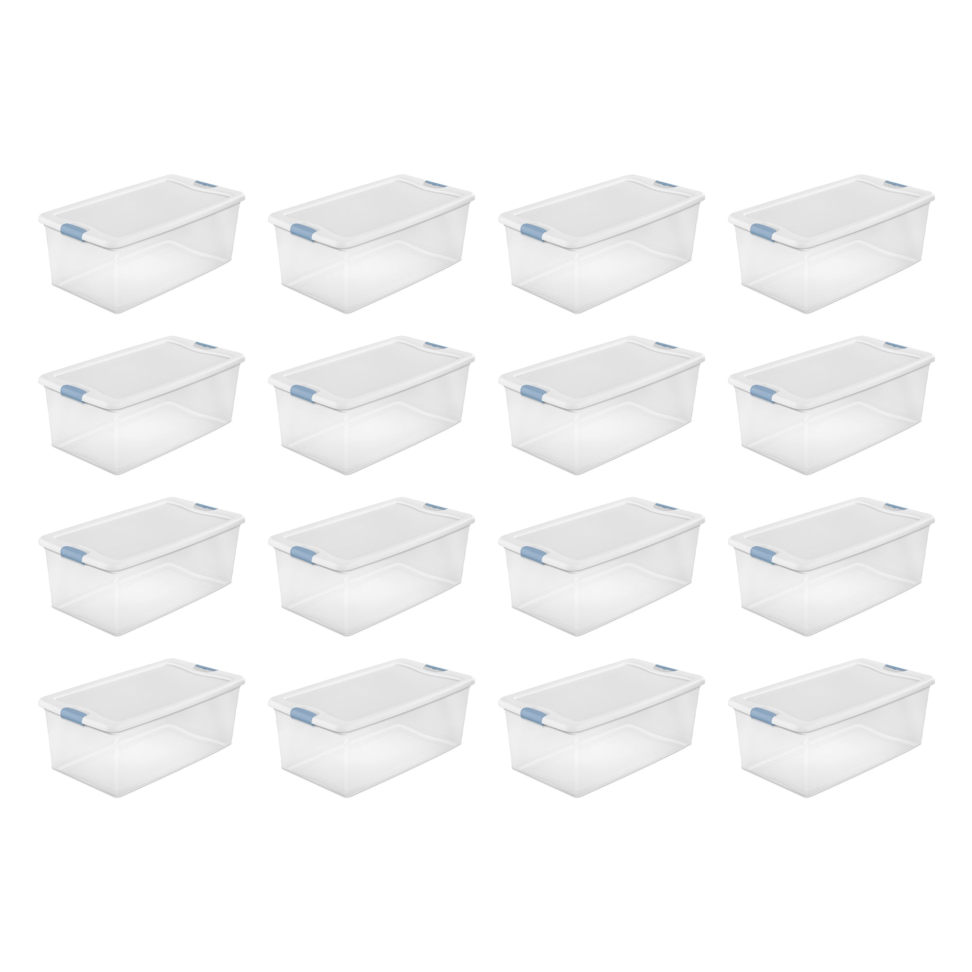 Sterilite 106 Qt Clear Plastic Stackable Storage Bin w/ White Latch Lid, 16 Pack - VMInnovations