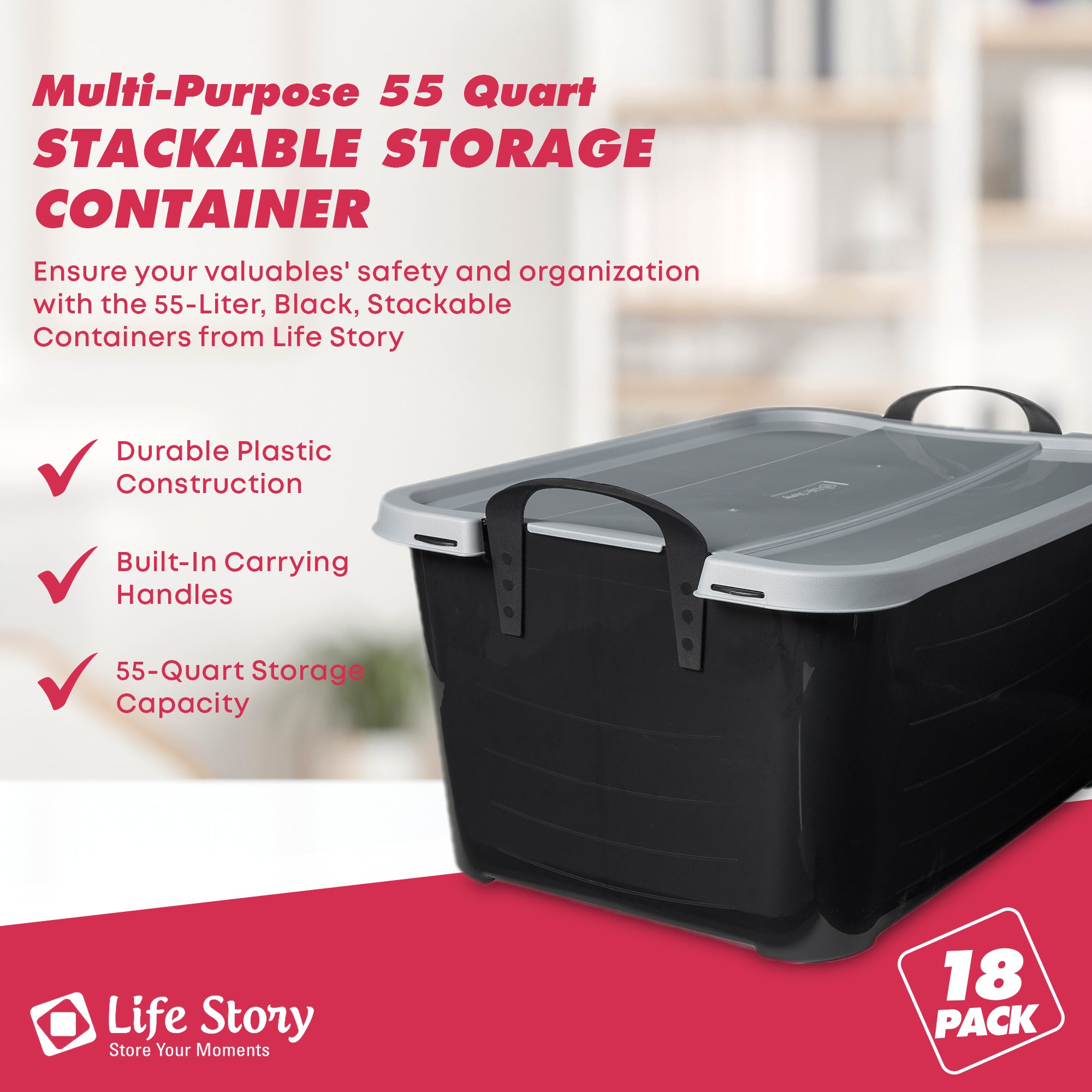 Life Story 55 Quart Stackable Storage Bin, Heavy Duty Lidded Container, 18 Pack