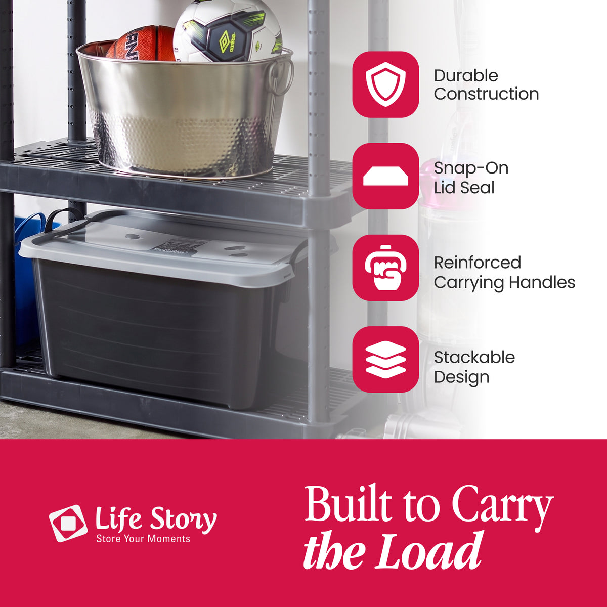 Life Story 55 Quart Stackable Storage Bin, Heavy Duty Lidded Container, 18 Pack