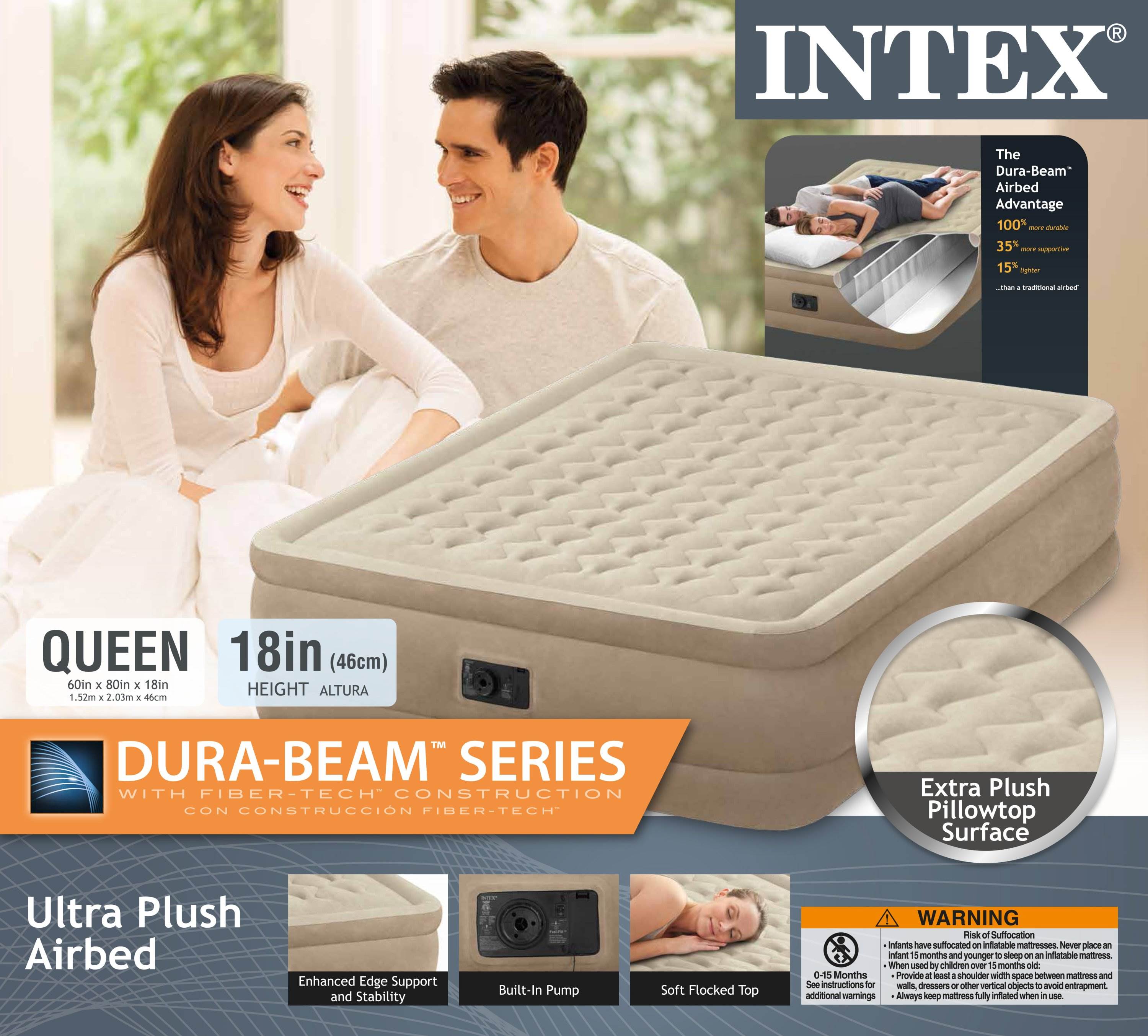 Intex Queen Ultra Plush Fiber-Tech Airbed Air Mattress w/ Built-In Pump (2 Pack)