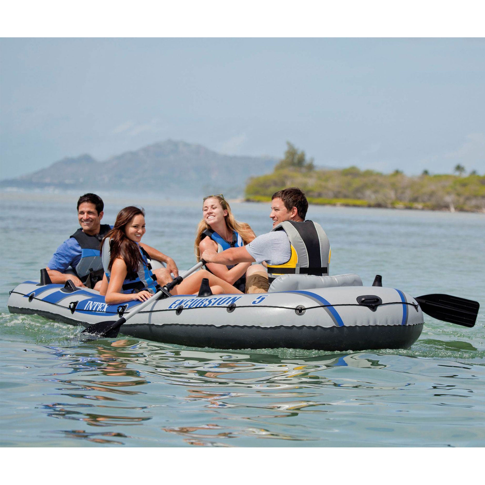 Intex Excursion 5 Person Inflatable Boat Set w/ 2 Oars, Air Pump & Bag (2 Pack)