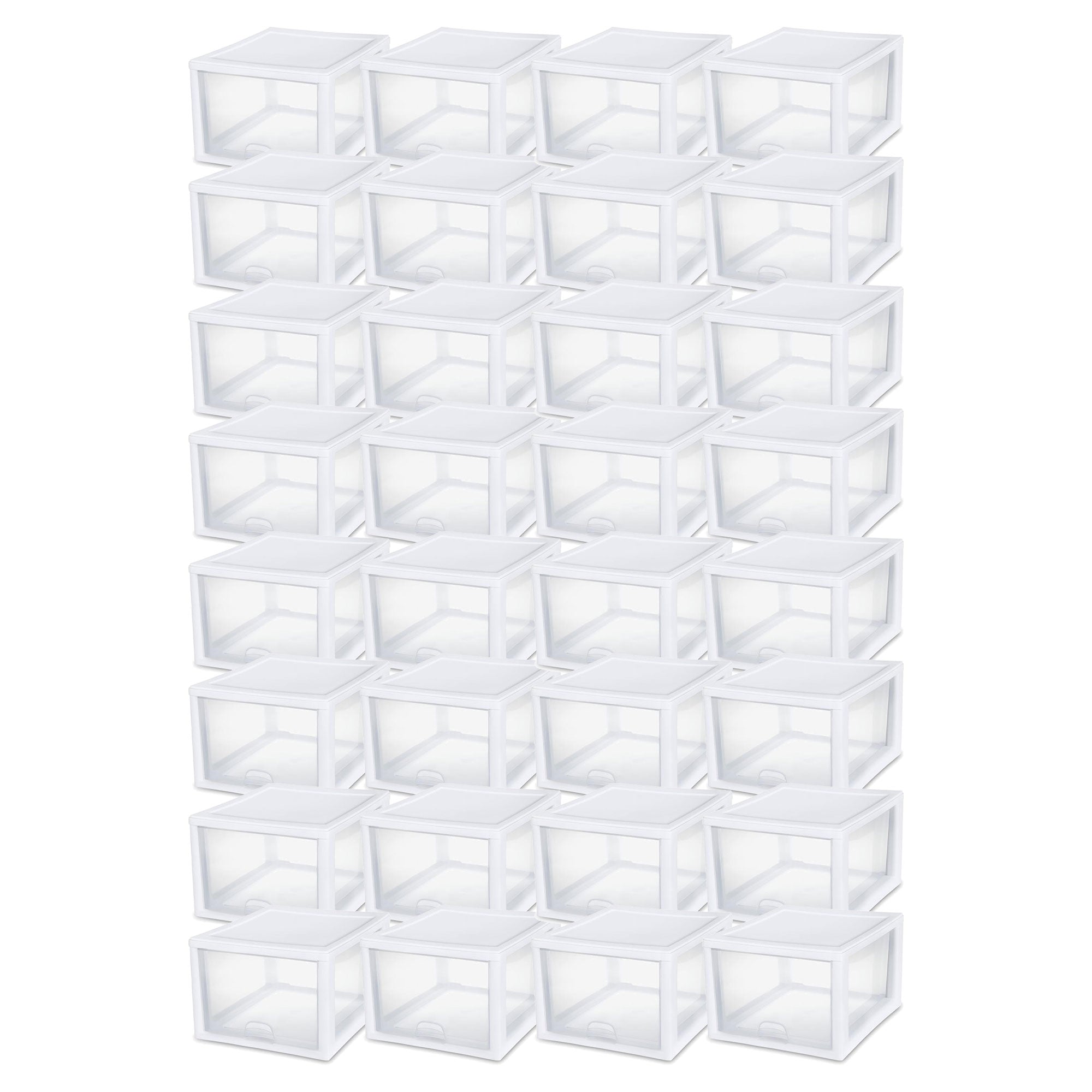 Sterilite 27 Quart Clear & White Plastic Storage Bin with One Drawer, 32 Pack