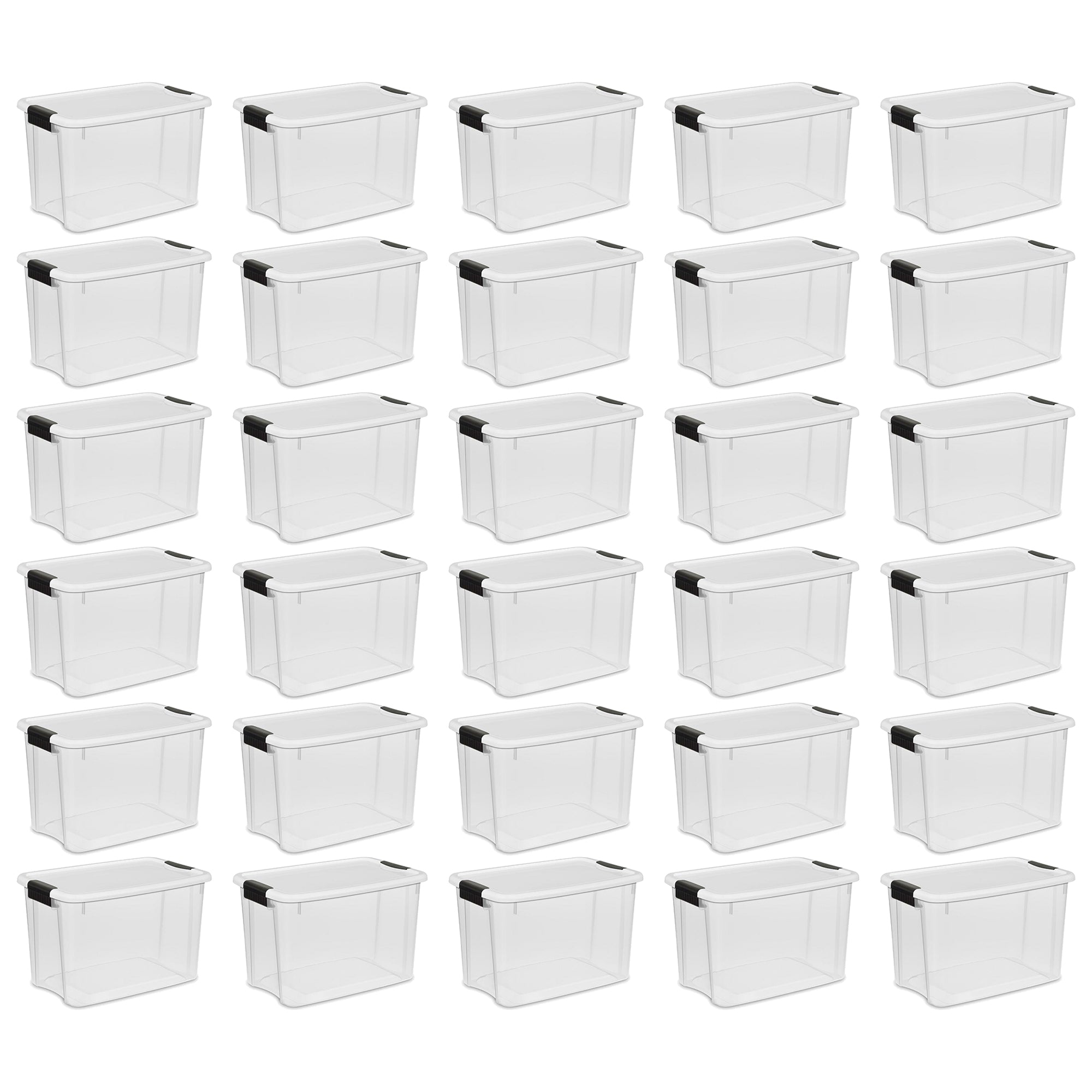 Sterilite 30 Qt Clear Plastic Stackable Storage Bin w/ White Latch Lid, 30 Pack
