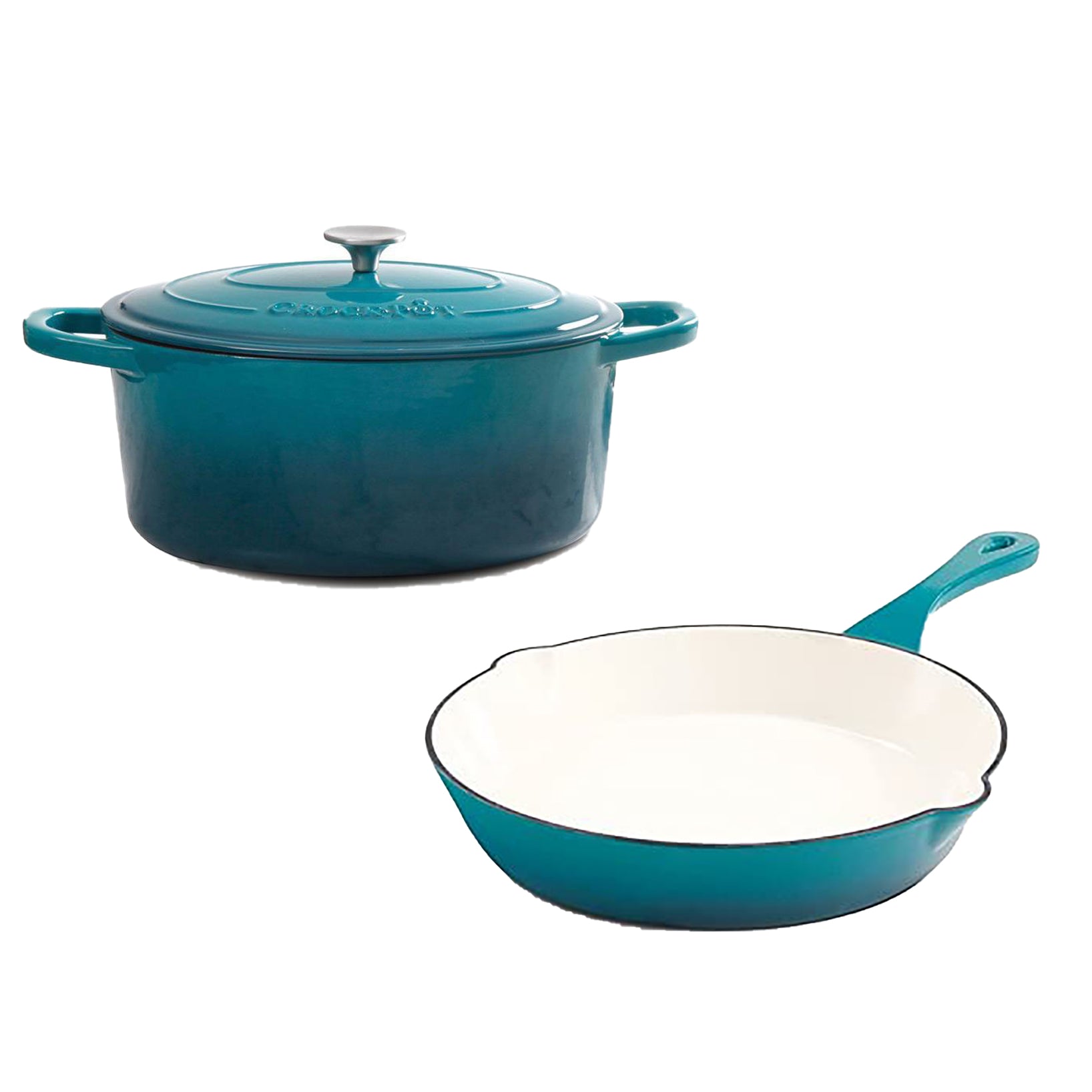 Crock-Pot 5 Quart Enamel Cast Iron Covered Dutch Oven Bundle with Skillet, Teal - VMInnovations