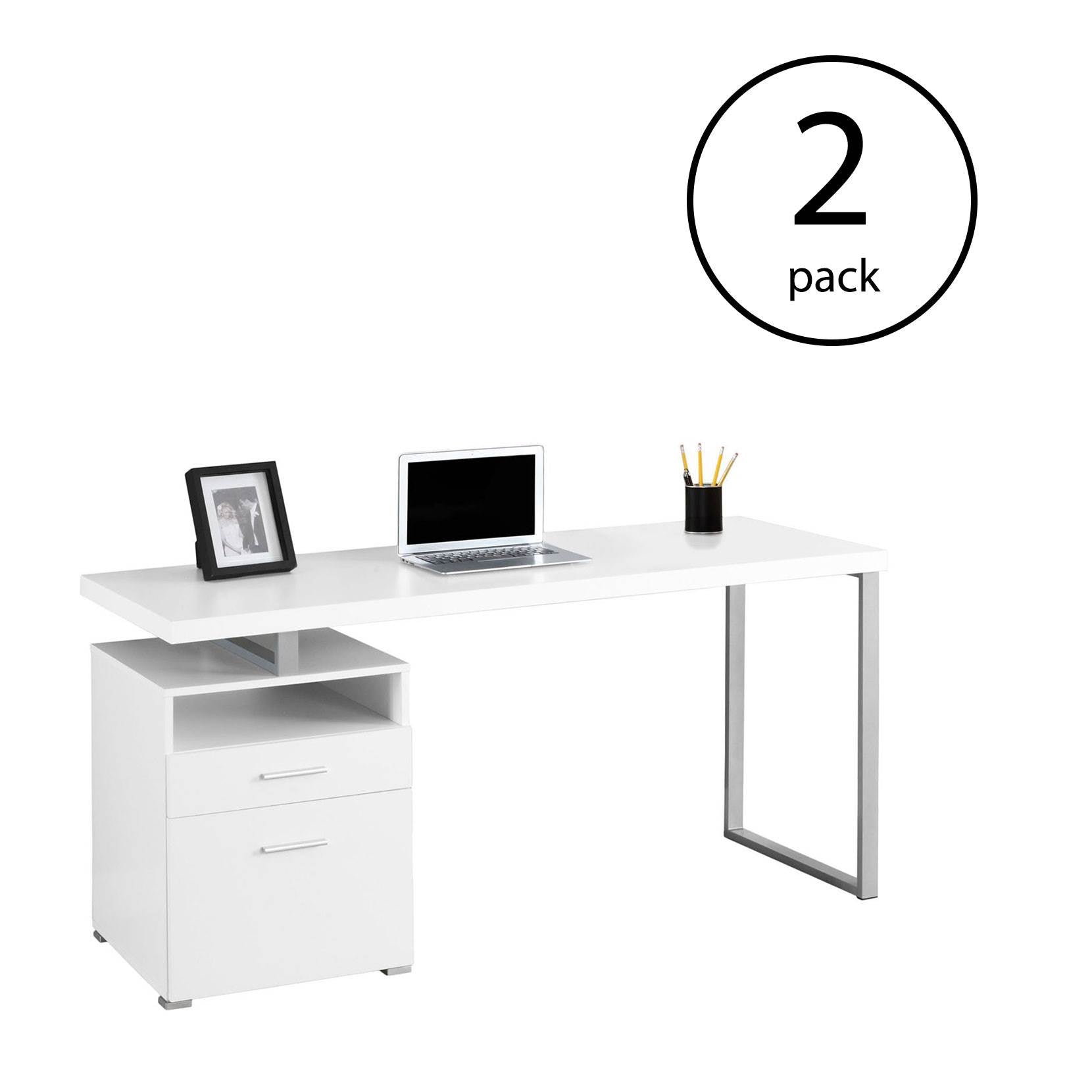 Monarch Specialties 60" Office Computer Desk with Filing Drawer, White (2 Pack)